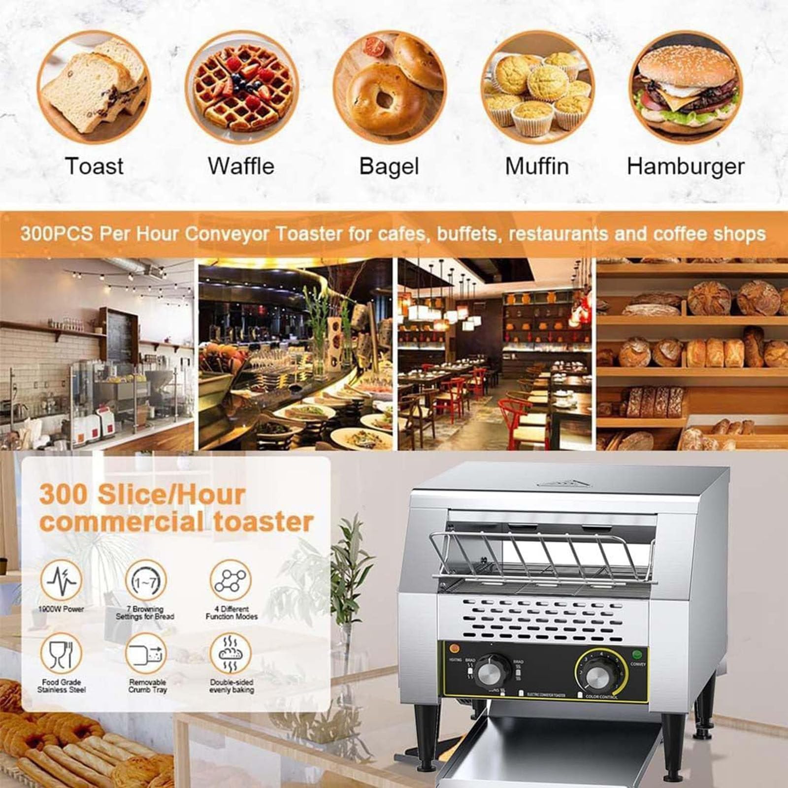 Tostadora comercial de acero inoxidable, profesional, con transmisión por cadena de calentamiento de 150/300/450 rebanadas/hora, para hoteles, restaurantes, bufés y panaderías.,300pieces/H