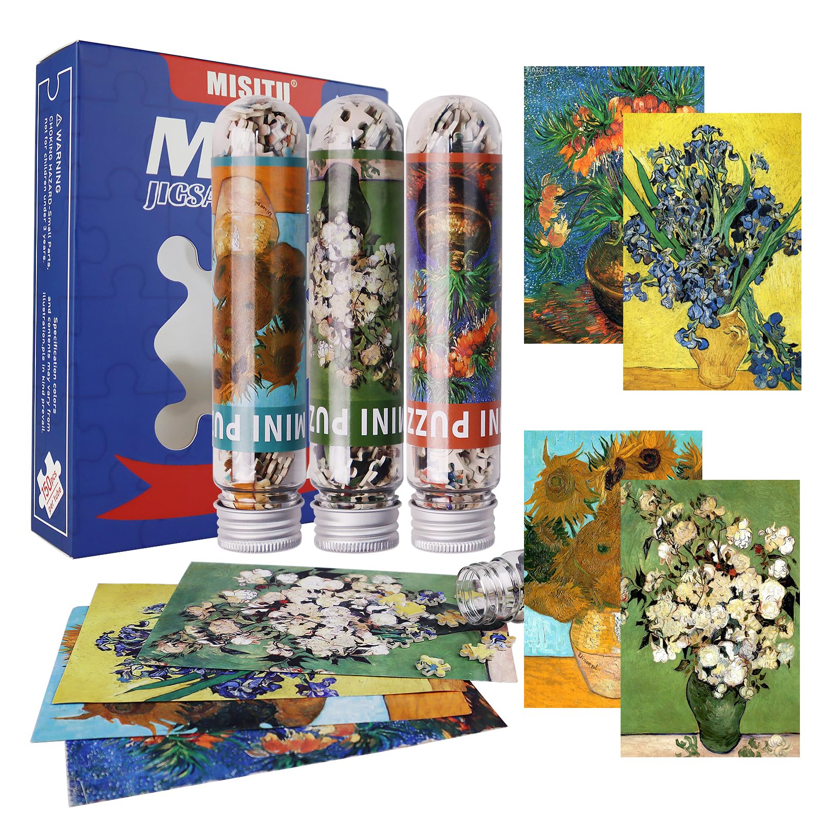 MISITU 4 Pack Mini Jigsaw Puzzles 150 Pieces for Adults Flower Famous Painting Puzzle Challenging Game Travel Puzzle Home Decoration Gift for Women Men