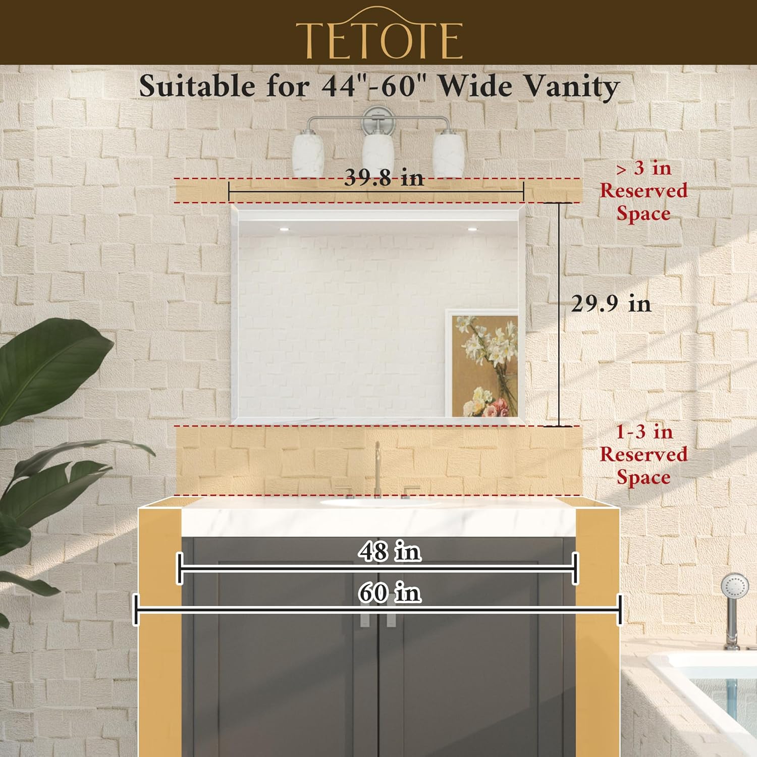 TETOTE 40" x 30" Bathroom Mirror with Frameless Tempered Beveled Edge for Vanity, Bathroom, Rectangle Wall Mirror, Horizontal/Vertical