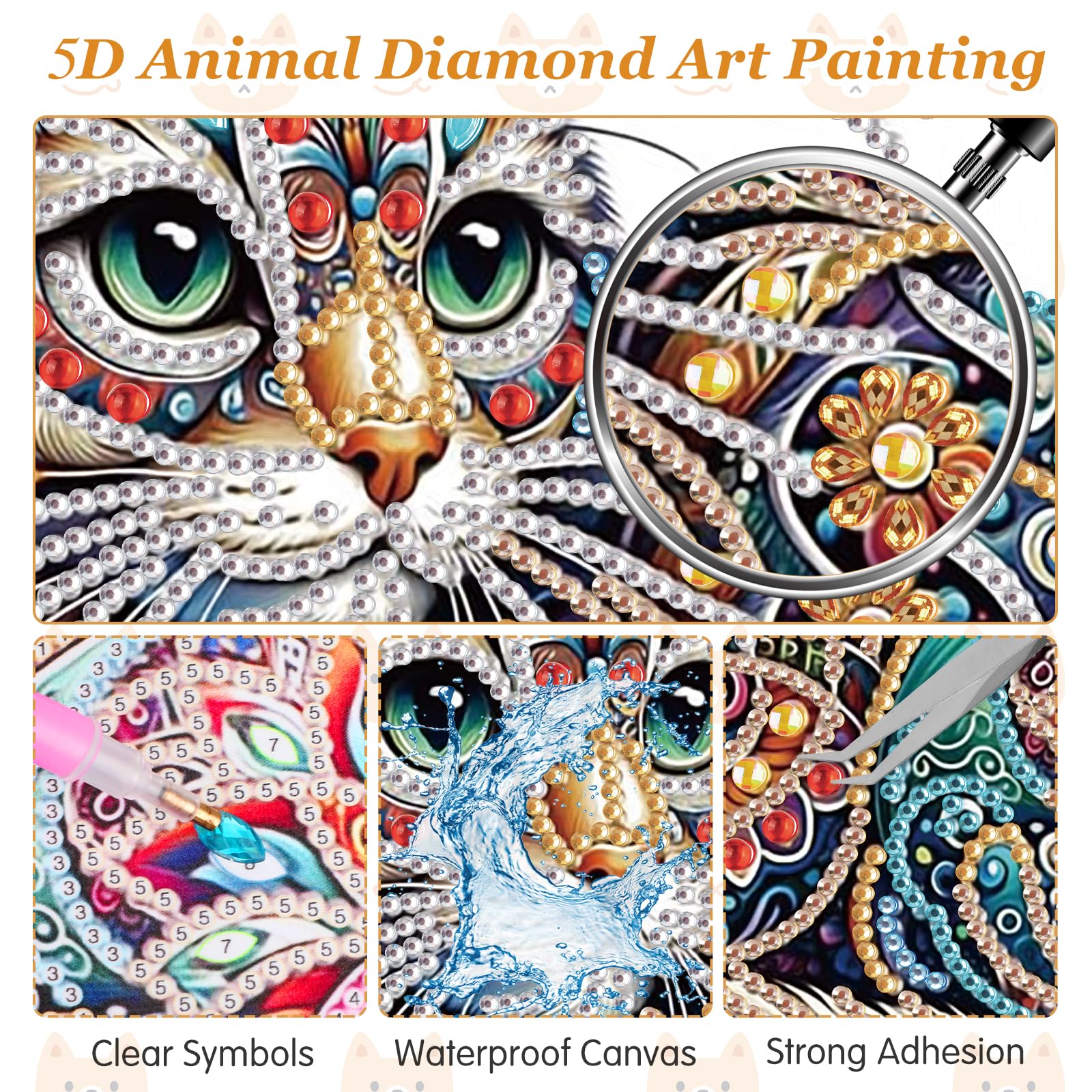 Kit De Peinture Diamant Chat Pour Adultes, Kit De Peinture Diamant 5D à Faire Soi-même, Kit De Peinture Diamant Pour Décoration Murale D'intérieur