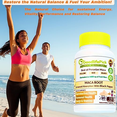 Miniatura 9 de Cápsulas de raíz de maca peruana con pimienta negra, 150 ct. Maca amarilla premium, maca roja y maca negra roja. Extracto de maca equivalente a