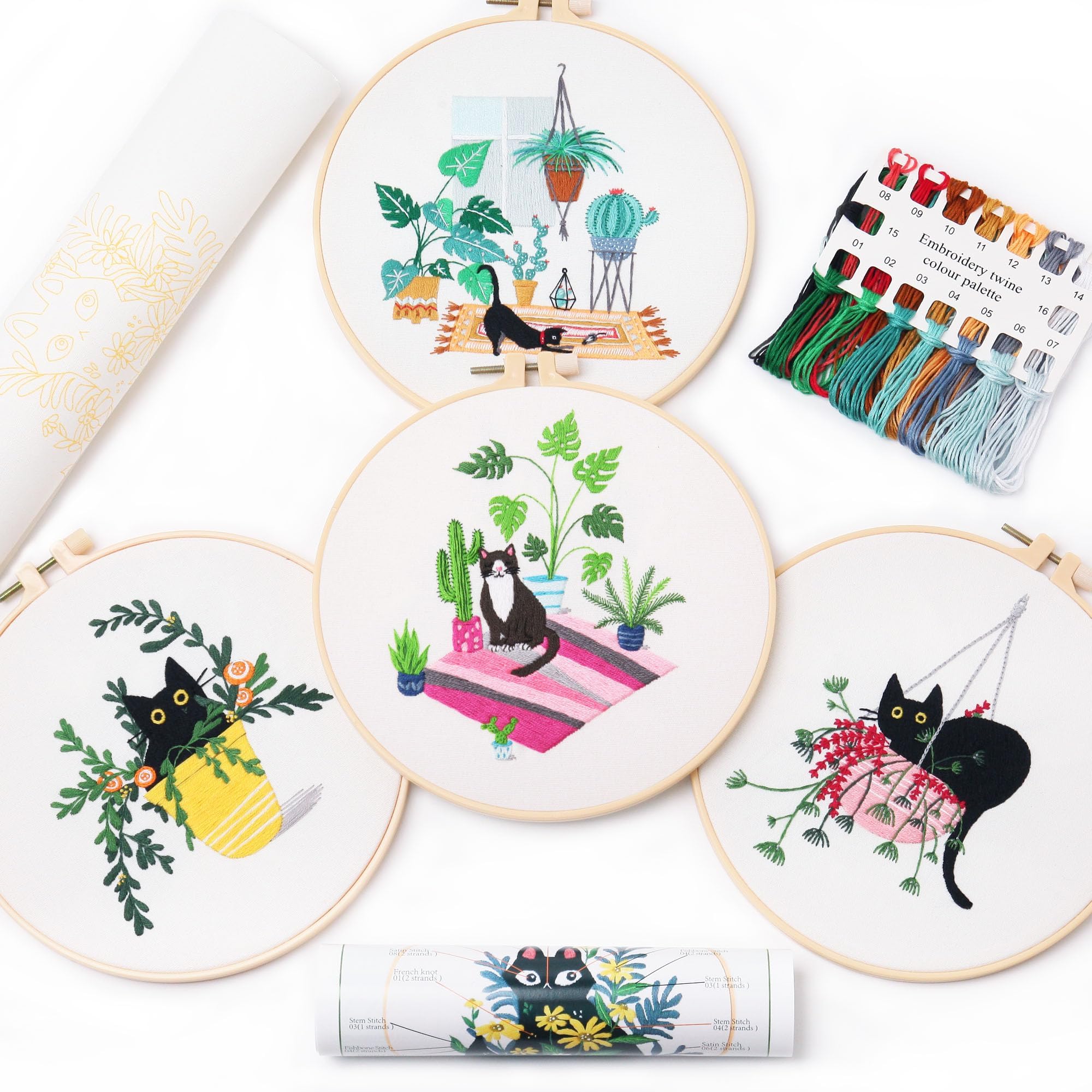 REEWISLY 4 pcs of Embroidery Starter kit with Patterns and Instructions, DIY Adult Beginner Cross Stitch Kits, Including 2 Plastic Embroidery Rings, 1 Pair of Scissors, Colored Threads and Needles
