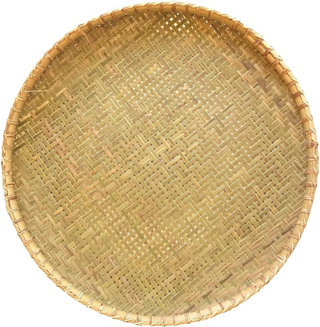 Bamboo Wood & Cane Sieve, Round Chalni Thali with Big Holes, Arisi Jalladai Drainer Washing Basket Colander Sifter,40 centimeters,Brown