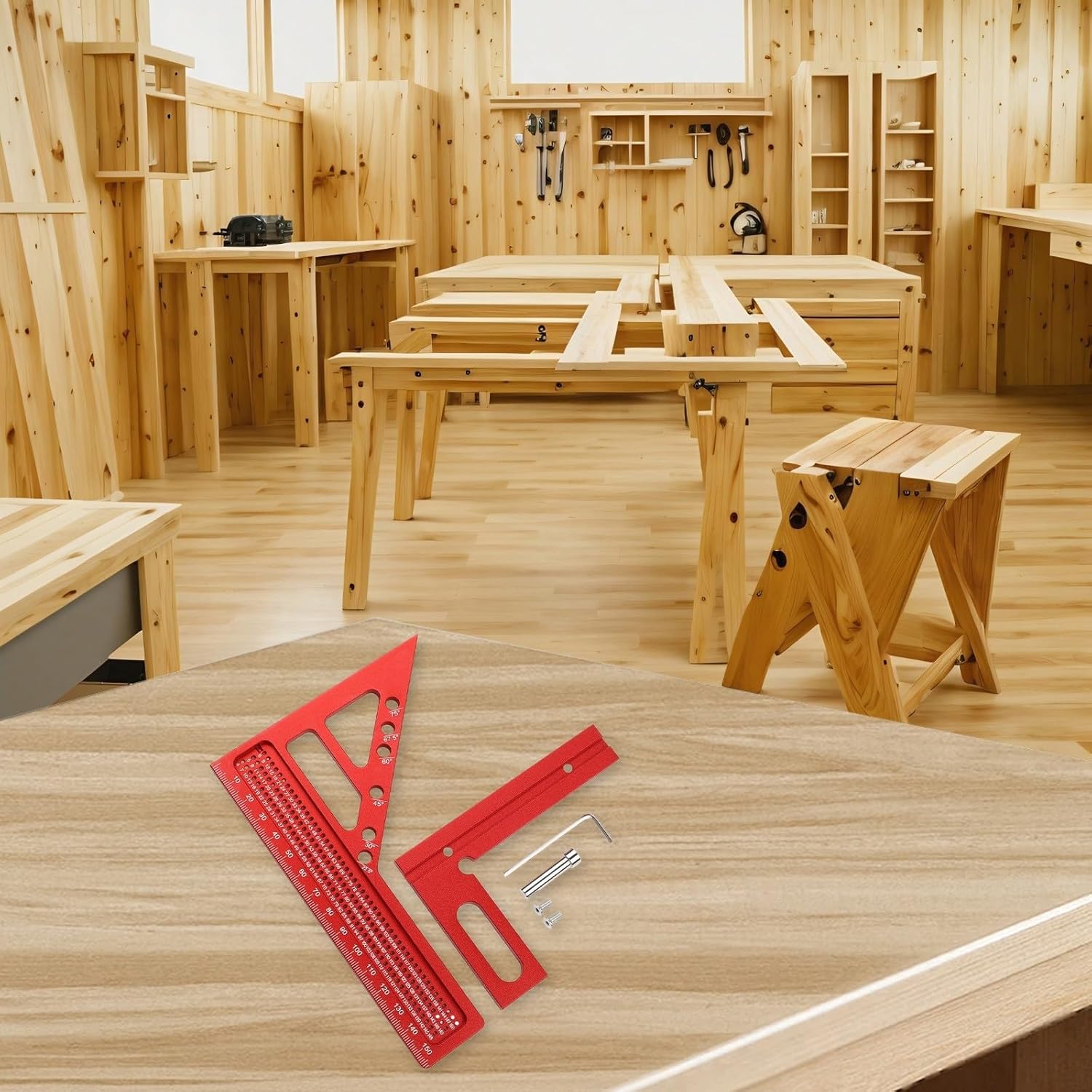 Aluminum Drafting Triangle Ruler with Dual-Scale (mm/inch), 30°/45°/60°/75° Beveled Edges, Adjustable Concealed Pin System, Woodworking & Metalworking — 163×112×79 mm, Red