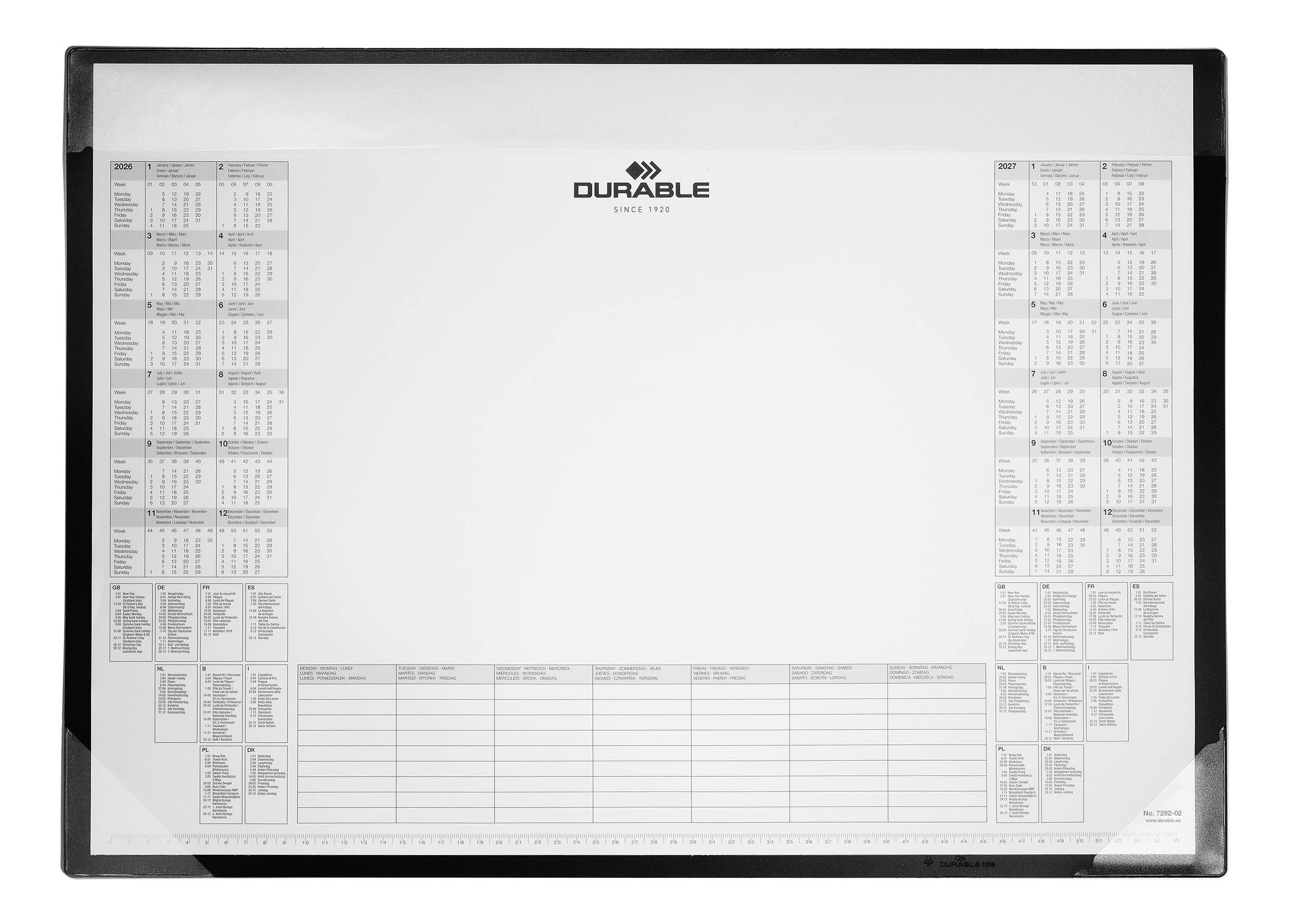 Durable 729801 podkładka na biurko, 600 x 430 mm, PP, z blokiem kalendarza, 25 arkuszy, kolor czarny
