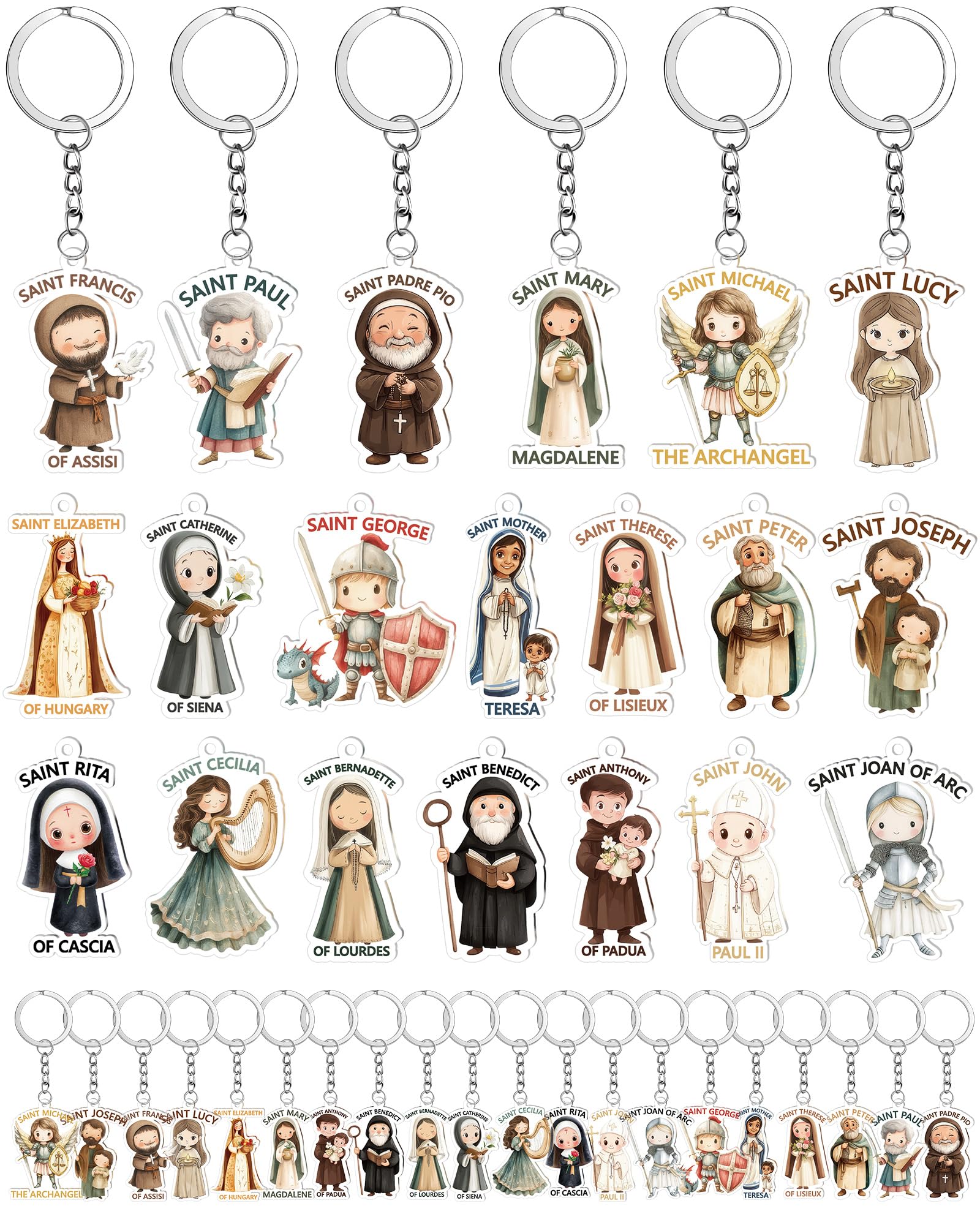Konohan 60/120 Pcs Catholic Saints Keychain Charms | Funny Catholic Gifts Bulk for Women Men, Christian Religious Keyring Souvenirs, for Baptism Confirmation Church Activity