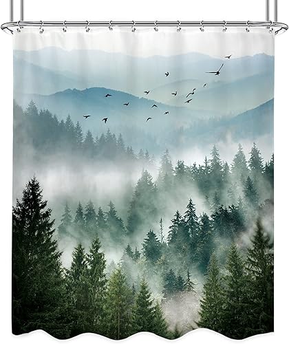 Miniatura 6 de Riyidecor Cortina de ducha de montaña verde rústica para baño, paisaje de bosque, paisaje, tela impermeable, paisaje alpino, decoración de baño