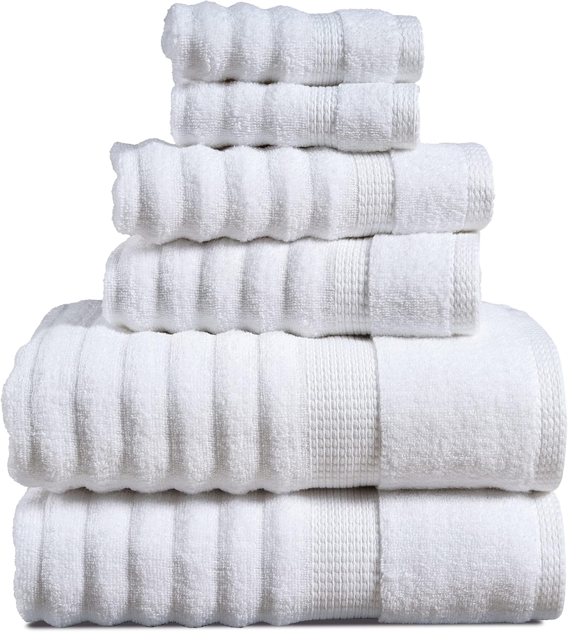 Ribbed White Bath Towels - 100% Cotton Towel Sets for Bathroom, Zero Twist, Soft Textured Bathroom Towels, Extra Absorbent, Quick Dry, 2 Bath Towels, 2 Hand Towels, 2 Wash Cloths - 6 Piece Set