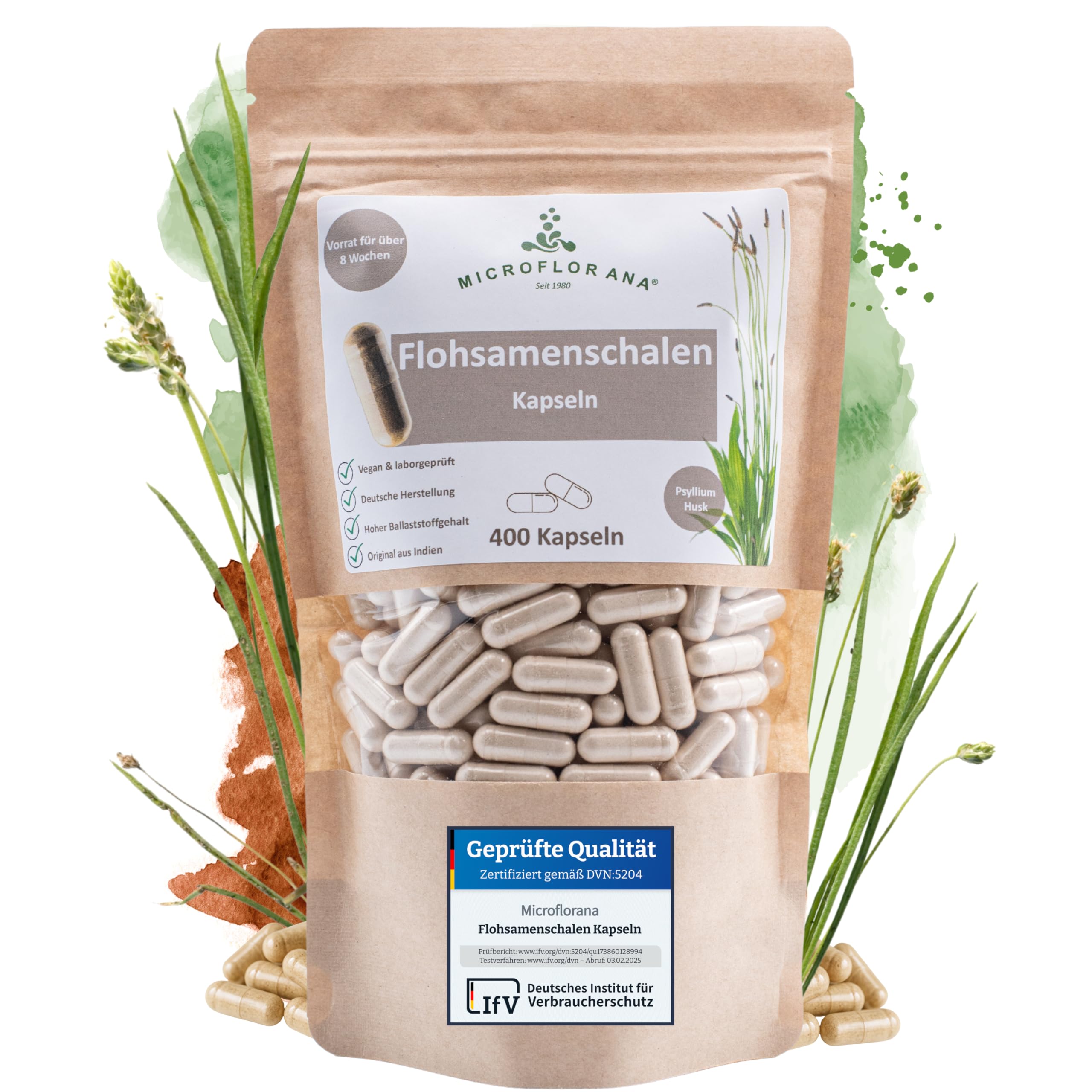 MICROFLORANA® - Flohsamenschalen Kapseln - 400 Kapseln - 3.660 mg hochdosiert je Portion - Laborgeprüfte Qualität - Indischer Flohsamen - Frei von Zusätzen - Psyllium Husk