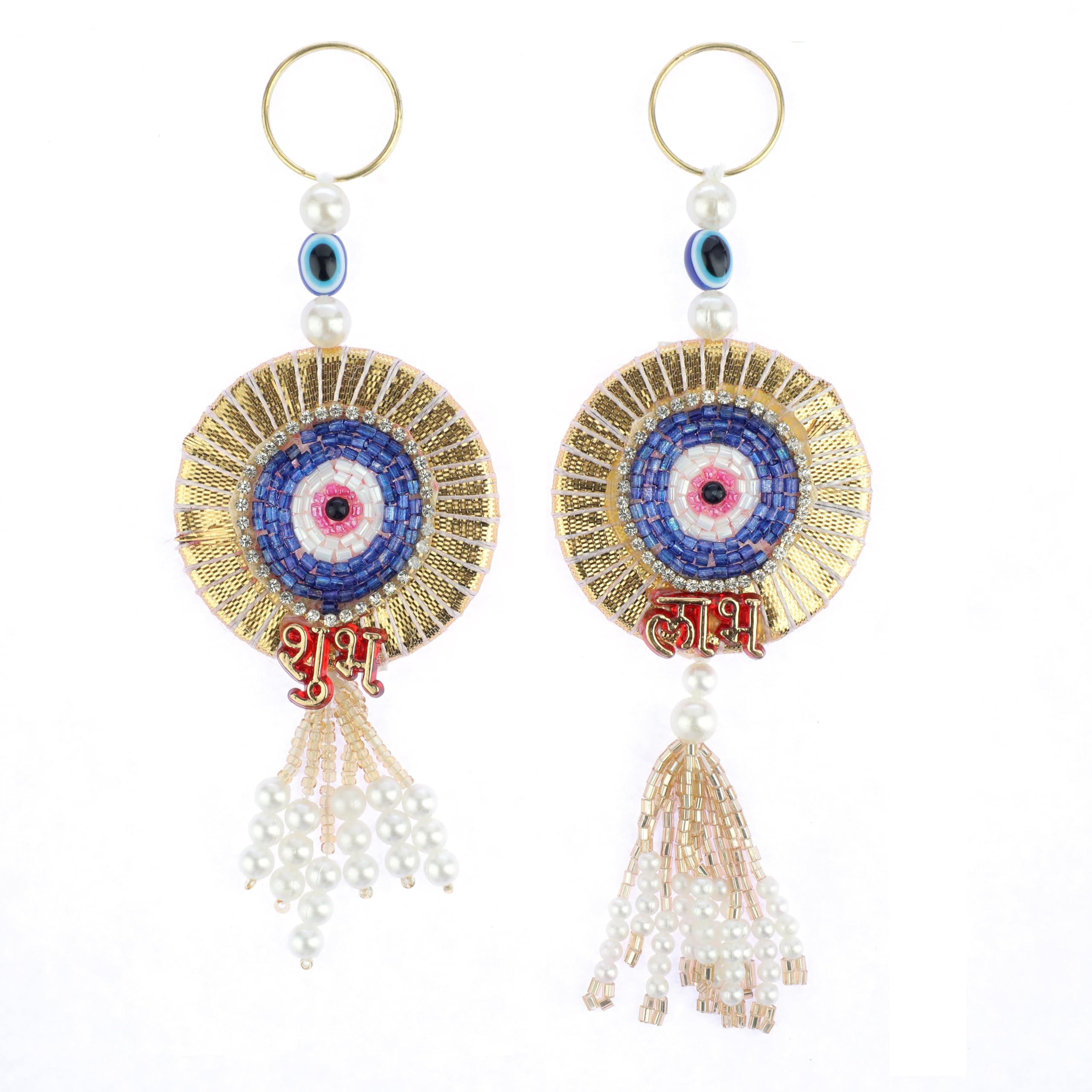 Auspicious Shubh Labh Door Wall Hanging Evil eye Bandanwar Hangings Toran Indian Traditional Handmade Toran Valance Showpiece for Home Temple New year Decorations Pooja Festival (Size:-5"X2")(Blue)