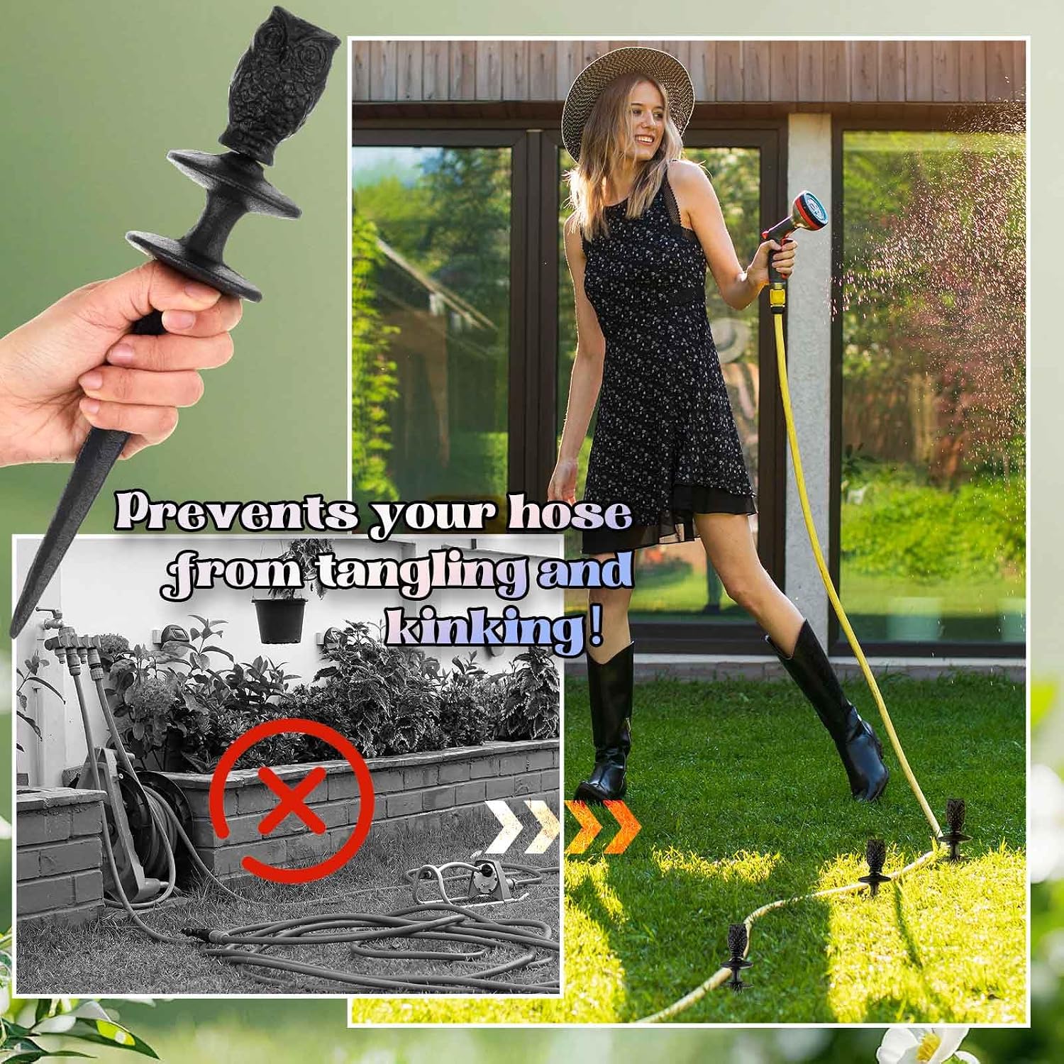 Tandefio 2 Pcs Owls Garden Hose Guide Stakes, Heavy Duty Decorative Antique Black Cast Iron Metal Hose Guides, Plant Protector for Lawn Yard Flower Bed