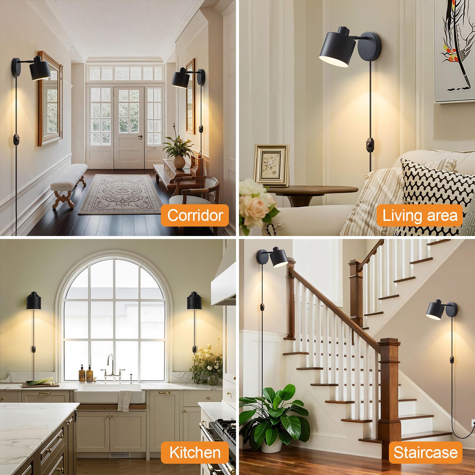 Wandlampe mit Stecker Dimmbarem Schalter, Schwarze Wandleuchte Innen mit 360° Drehbar, E27 Wandleuchte Industrial 60W Wandstrahler Innen für Wohnzimmer Schlafzimmer Flur