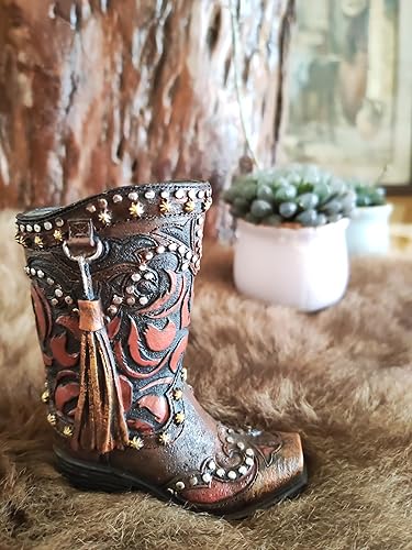 Miniatura 6 de Bota de vaquero occidental decorativa rústica, jarrón para decoración de oficina (rojo y negro)