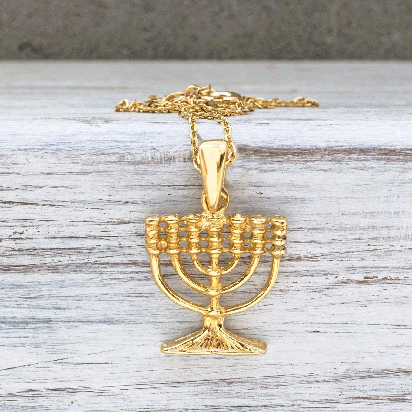 14K Gold Plated Judaica Menorah Necklace - Gold Plated over 925 Sterling Silver Chanukah Menora Pendant, Dainty Jewish Jewelry, Delicate Necklace, Bat Mitzvah Gift for Her Religious Jewelry for Women