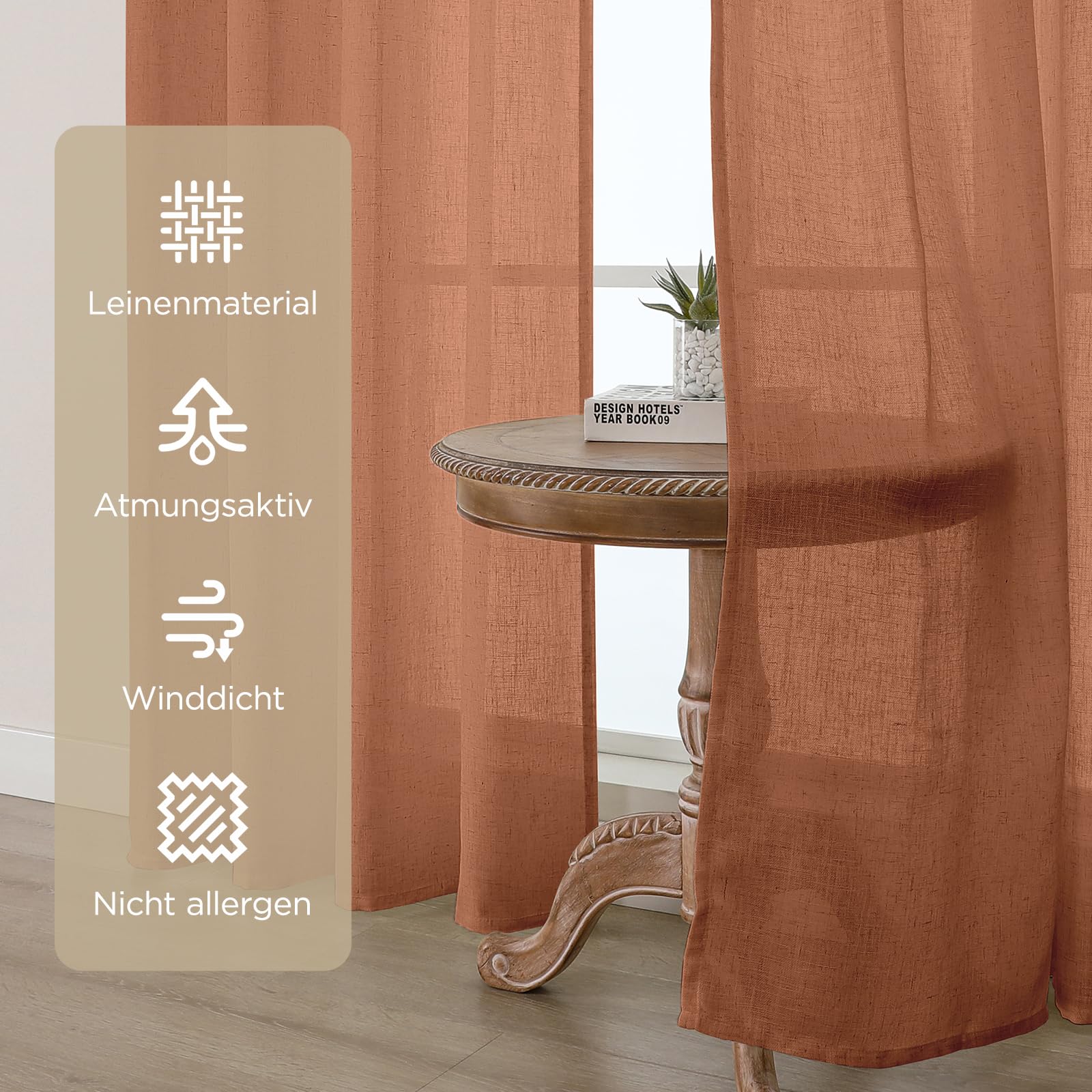 Joydeco Leinen Gardinen mit Kräuselband Terrakotta Vorhänge Wohnzimmer Modern Boho Leinenoptik Gardine Halbtransparent Vorhang für Schienensystem Curtains Bedroom 2er Set H 137 x B 117 cm
