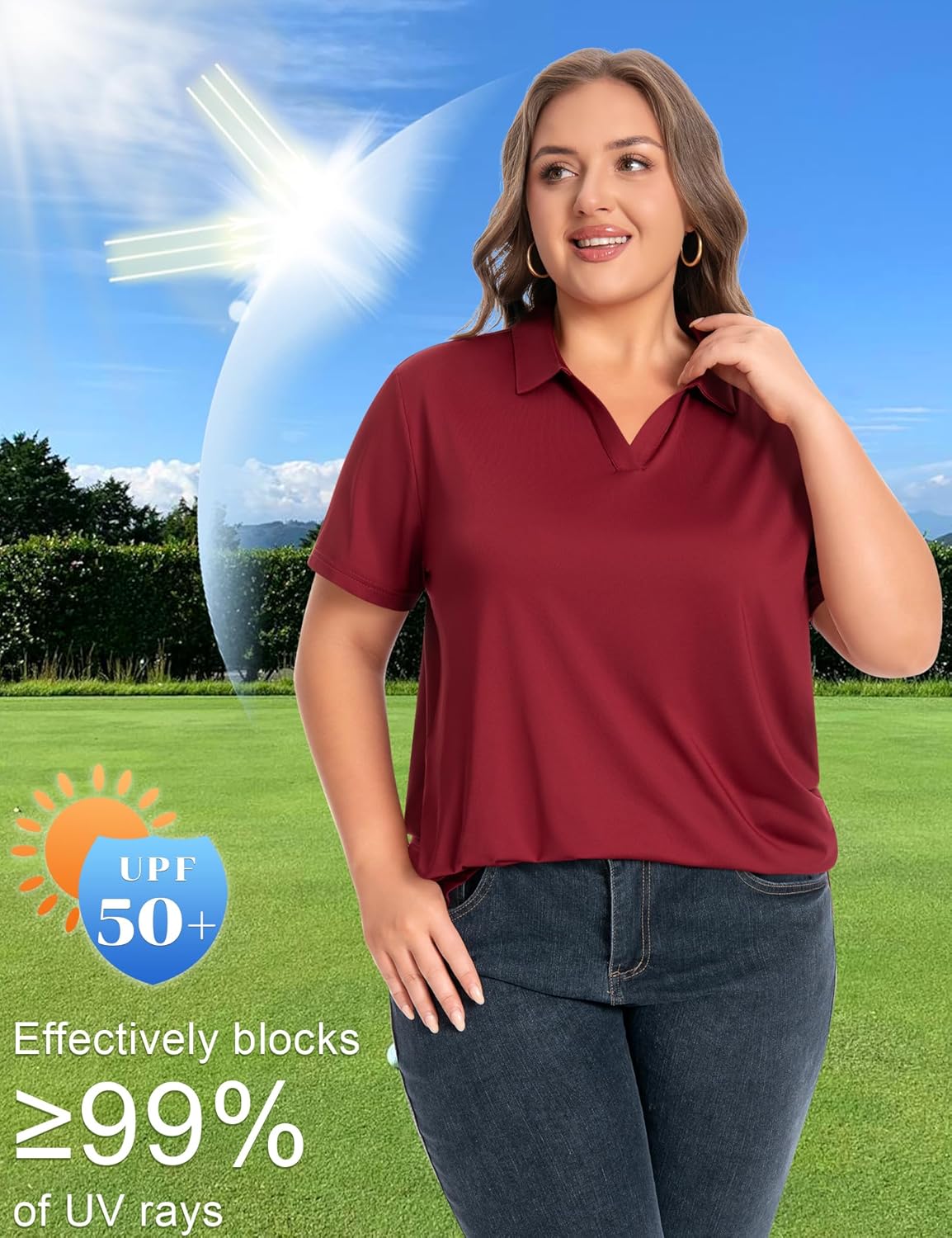 Idtswch Women's Plus Size V-Neck Short Sleeve Polo Shirt Quick-Dry UPF 50+ Casual Work Golf Shirt(XL-6XL)