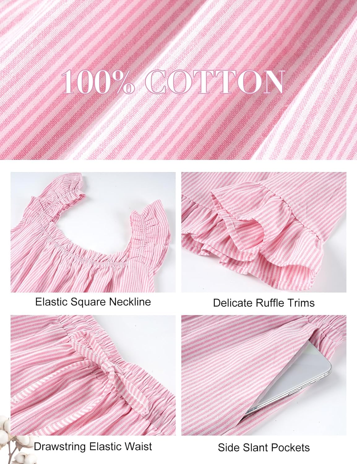 Kissonic Womens Striped Ruffle Pajama Set 2 Piece Cute Cotton Sleeveless Bridal Pjs Frilly Sleepwear Lounge Set