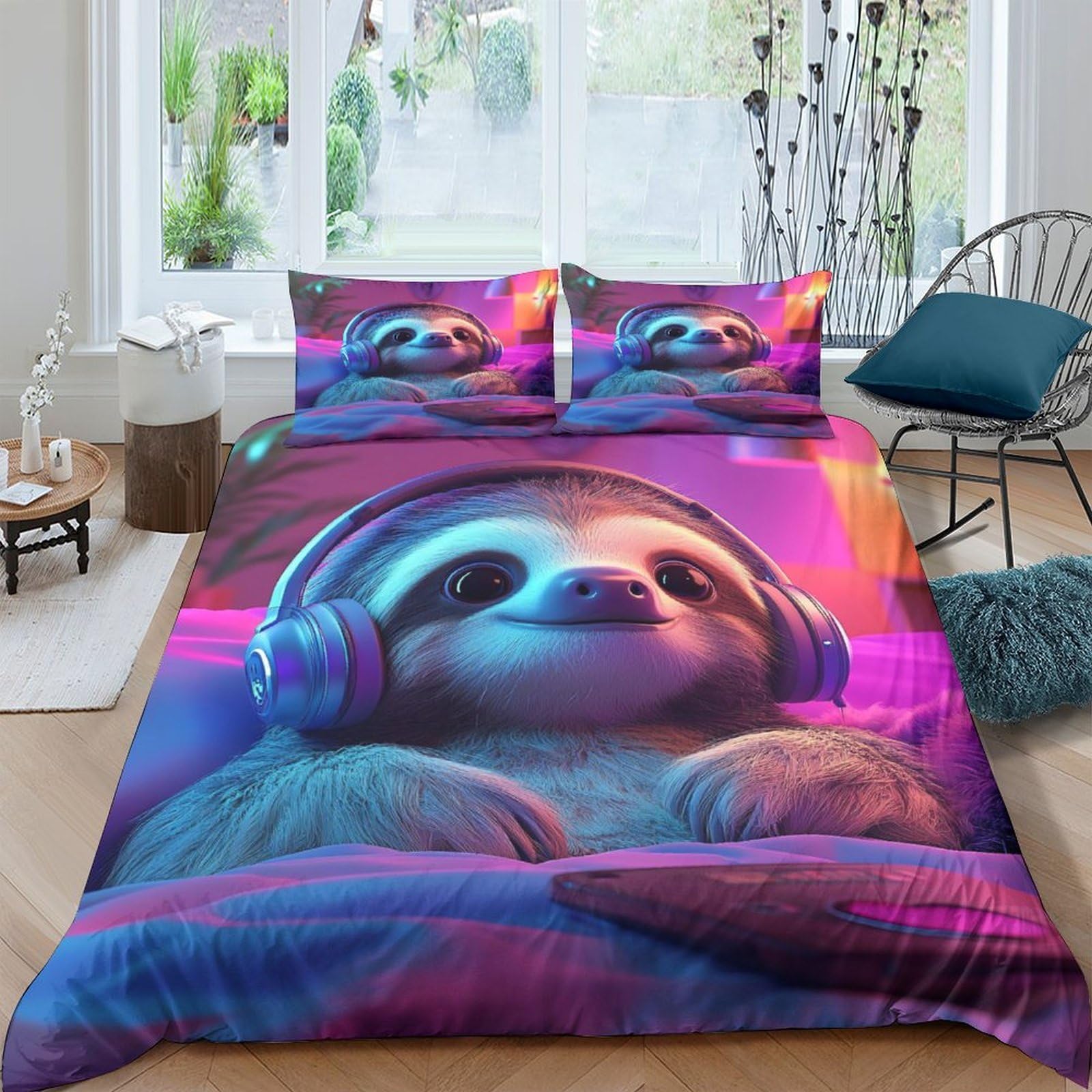 Ctjqhvkz Style-8 3D Printed Neon Sloth Fitted Sheet Microfiber Soft Cartoon Headphones Mattress Cover For Bedroom Dorm Mattress Protection Decor Single（135X200cm）