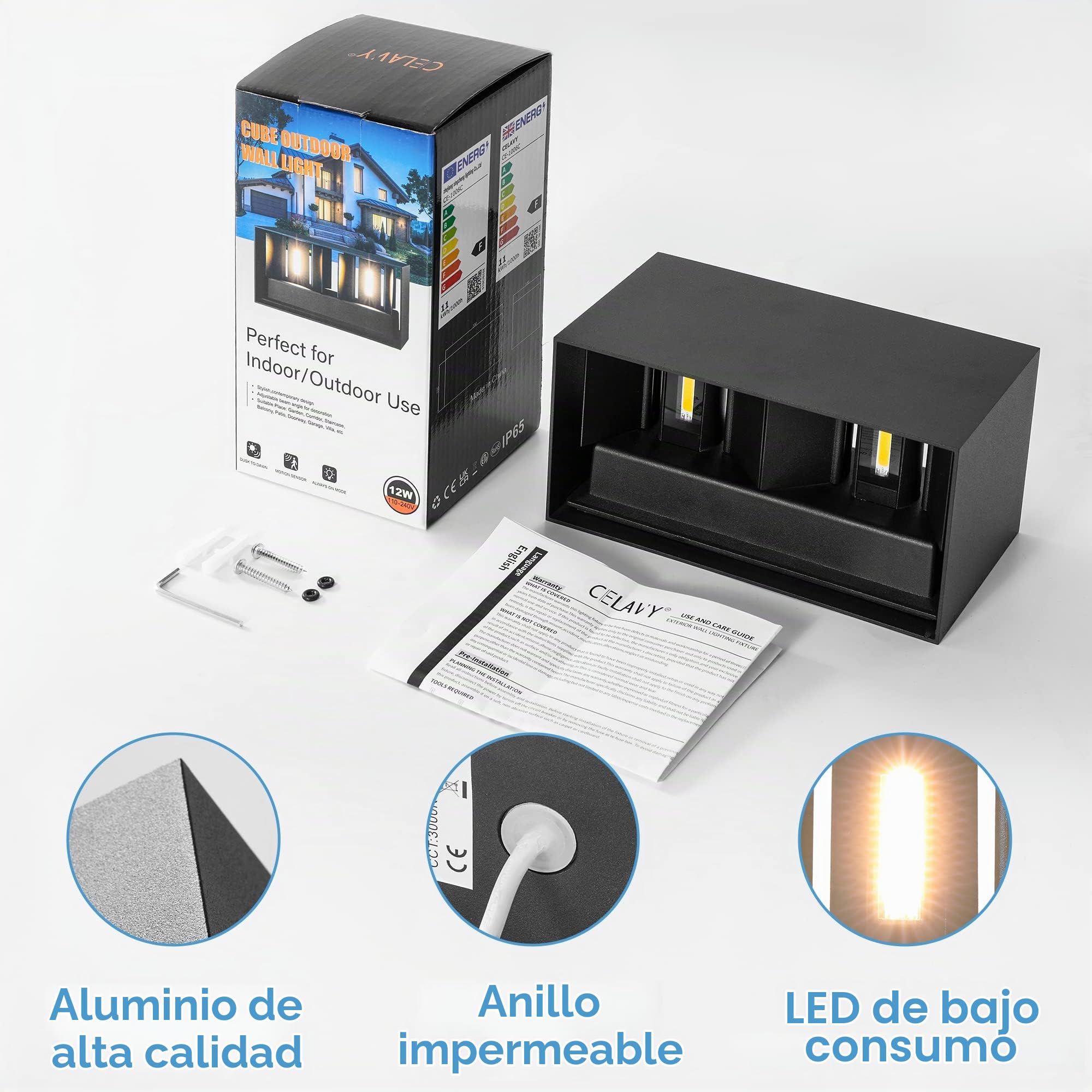 Aplique LED Moderno para Pared Exterior e Interior, IP65 Impermeable, 3000K Blanco Cálido, Aluminio, Ángulo de Haz Ajustable, Negro