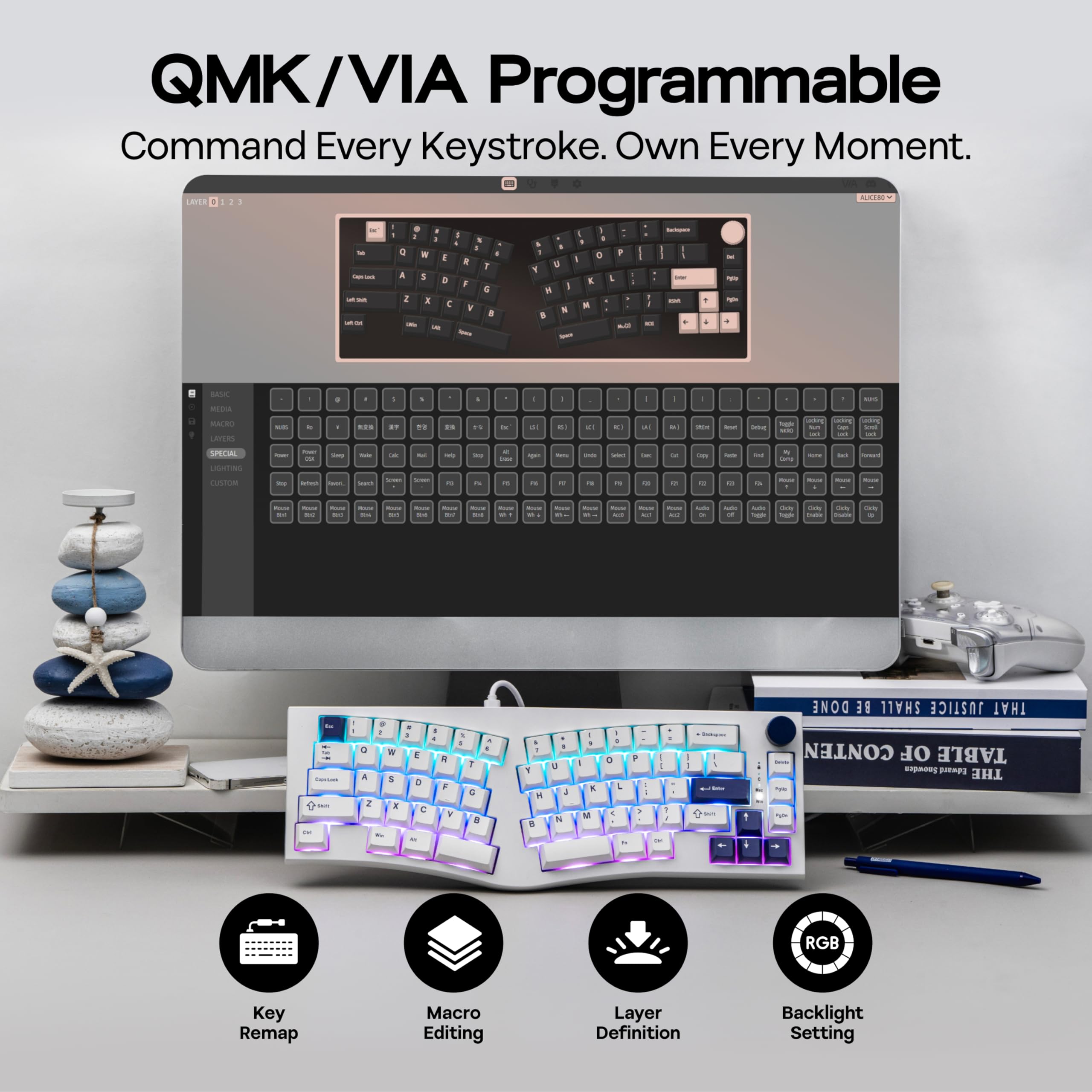MechLands Feker Alice80 Tastiera Meccanica Ergonomica a 68 Tasti, Programmabile QMK & VIA, Tastiera da Gioco Wired con Guarnizione Cremosa, Hot Swap, Imbottitura a 5 Strati, NKRO, RGB per Win/Mac