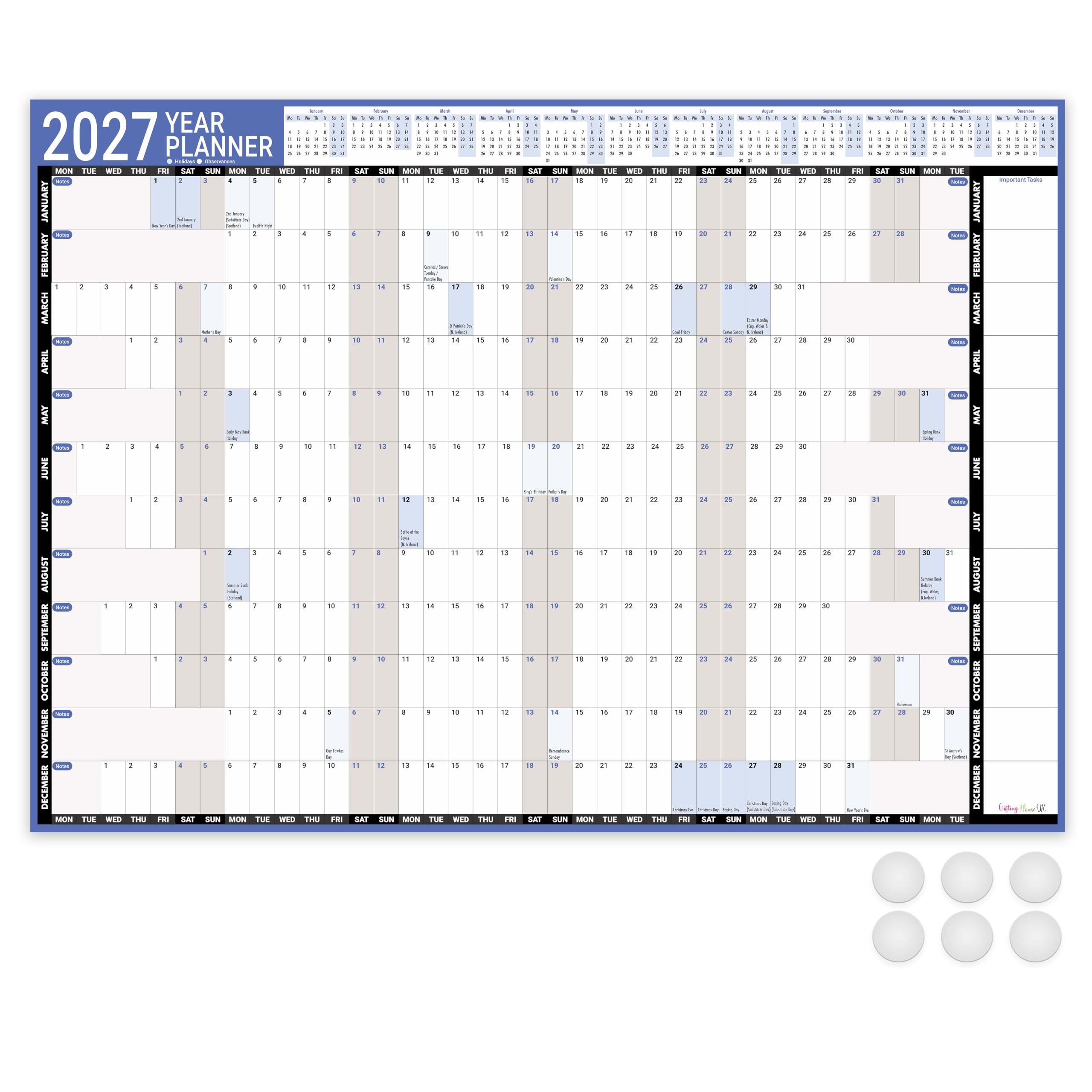 Giftinghouse Wall planner 2027 A1 Laminated - Ideal Size (59.4 x 84.1 cm) - Full Year to View Wall Calendar uk with mount stickers for home, office, school - Made in the UK