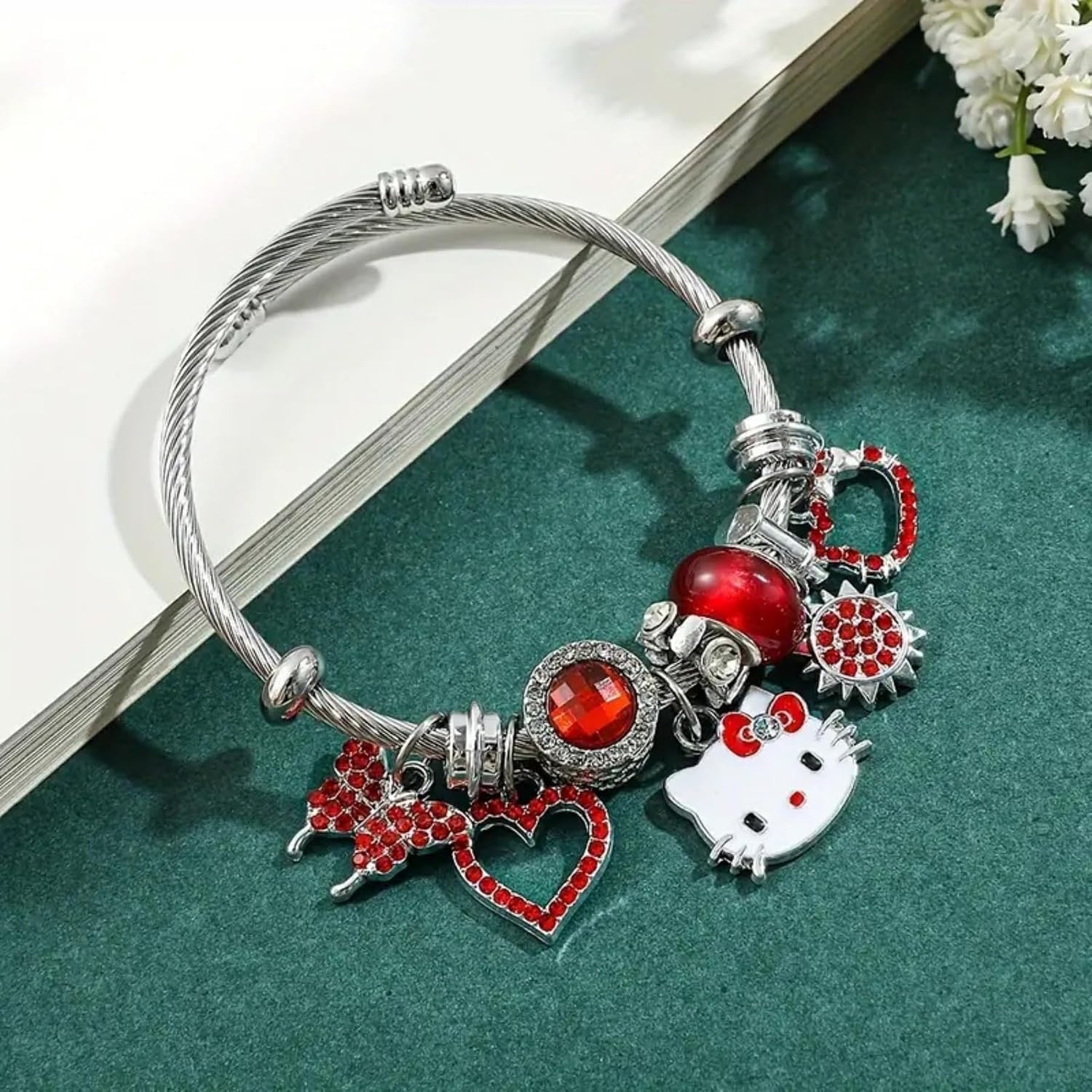 Hello Jewelry Bracelet Charms Braclet, Pink Cat Bangle Women Matching Accessories, Gift for Her image 4