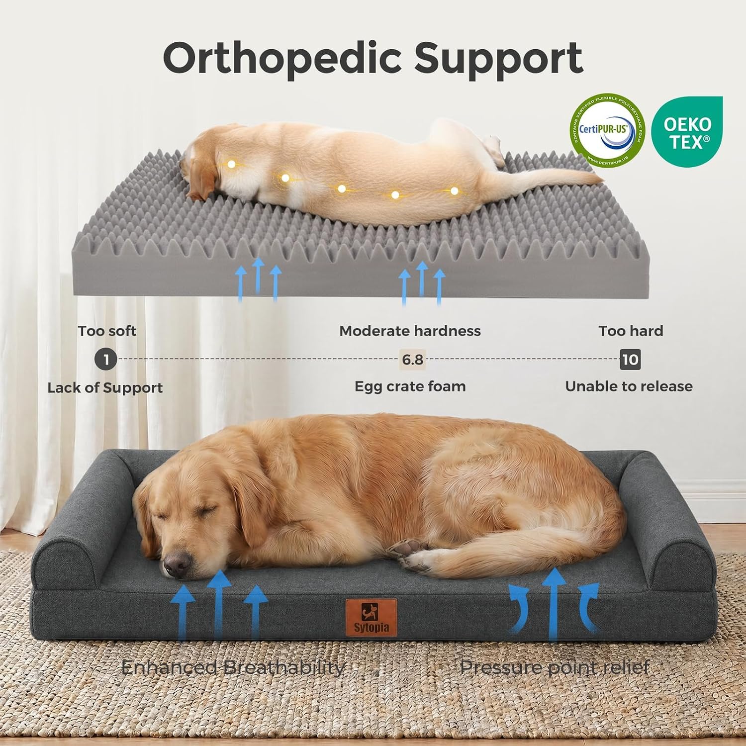 42 Inch Indestructible Orthopedic Dog Bed for Extra Large Dogs, Chew Proof Waterproof Pet Couch Bed with Sides, Egg Crate Foam, Removable Washable Cover, Great Pet Gift, Dark Grey
