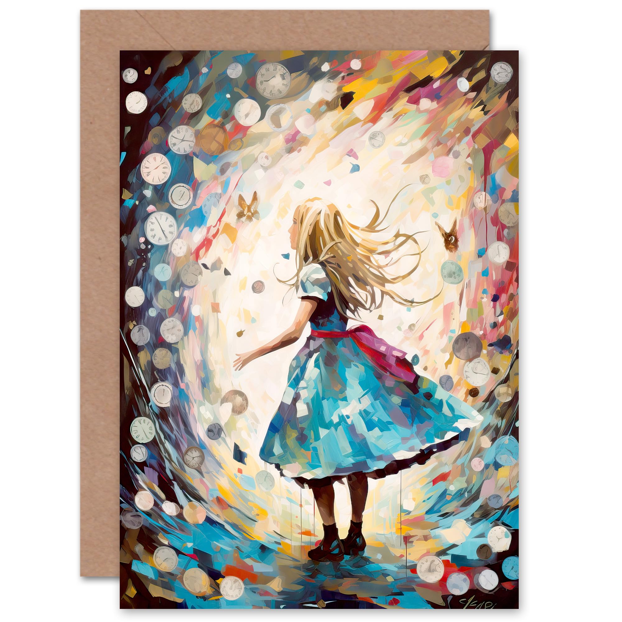 Artery8 Alice in Wonderland Clocks Down the Rabbit Hole for Child Children Kids Birthday Congratulations Daughter Sister Blank Art Greeting Card