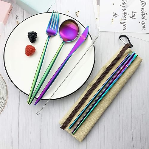 Miniatura 7 de JASHII El juego de cubiertos de viaje incluye cuchillo reutilizable, tenedor, cuchara, palillos, pajilla, utensilios ecológicos, utensilios de