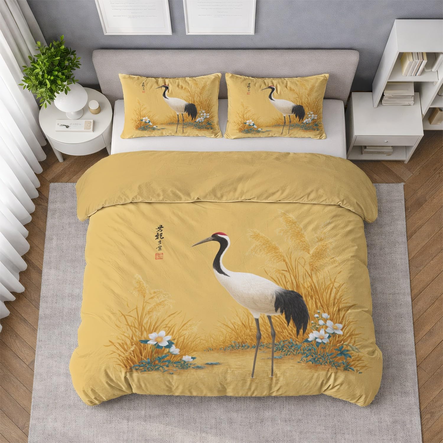 Ogólny zestaw pościeli z mikrofibry z zamkiem błyskawicznym, malarstwo tuszowe, ptak, żółta, wys. 180 x szer. 200 cm z 2 poszewkami na poduszkę 80 x 80 cm, poszewka na poduszkę, miękka, oddychająca