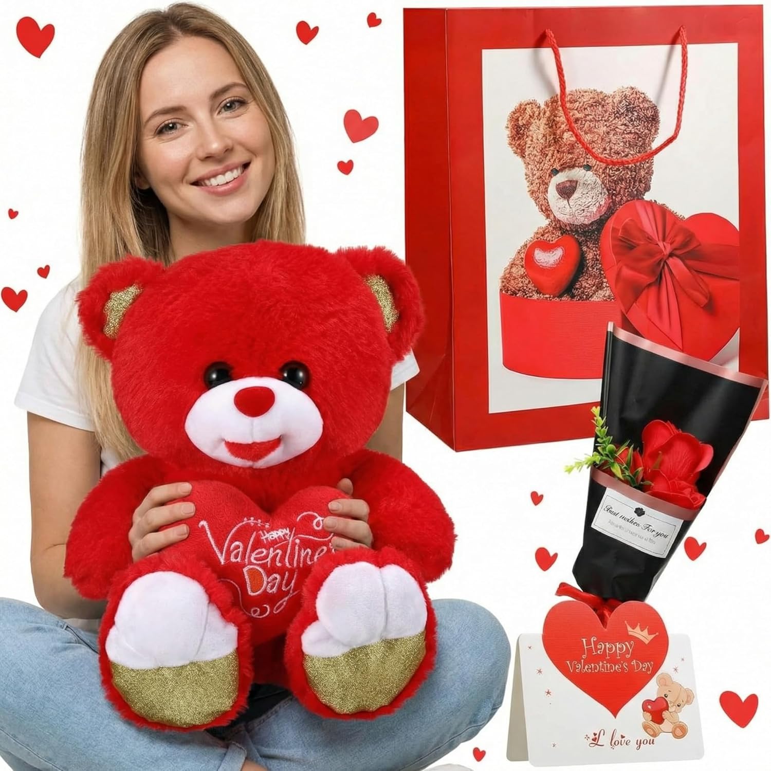 Capoda 4 Pcs Valentine's Day Bear Gifts Set Include 12 Inch Heart Bear Artificial Rose Flowers Valentine Bag and Greeting Card Sweet Day Birthday Gift Basket for Women Wife Mom