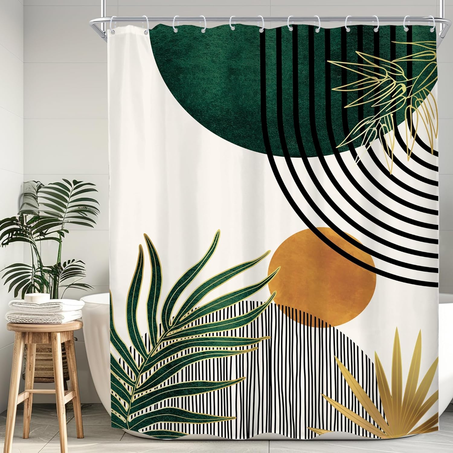 KOMLLEX Mid Century Green Boho Shower Curtain 72Wx78L Inches Abstract Modern Shower Curtains for Bathroom Decor Plant Botanical Minimalist Leaf Arch Sun Fabric Liner Waterproof Polyester 12 Pack Hooks