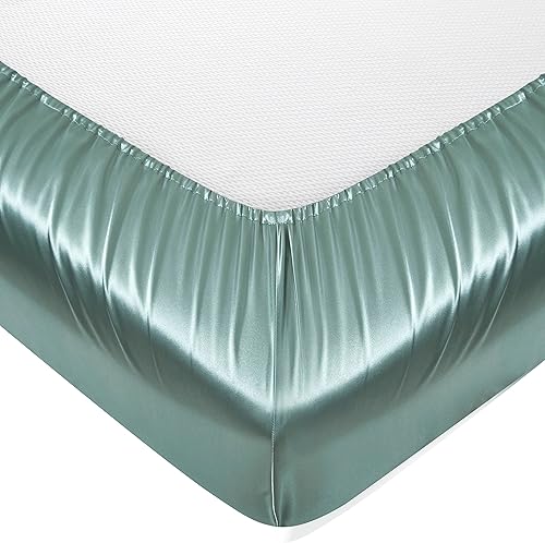 Miniatura 3 de DengChao Juego de sábanas de satén de tamaño individual, 4 piezas, color verde grisáceo, funda de almohada de satén suave, sin arrugas,