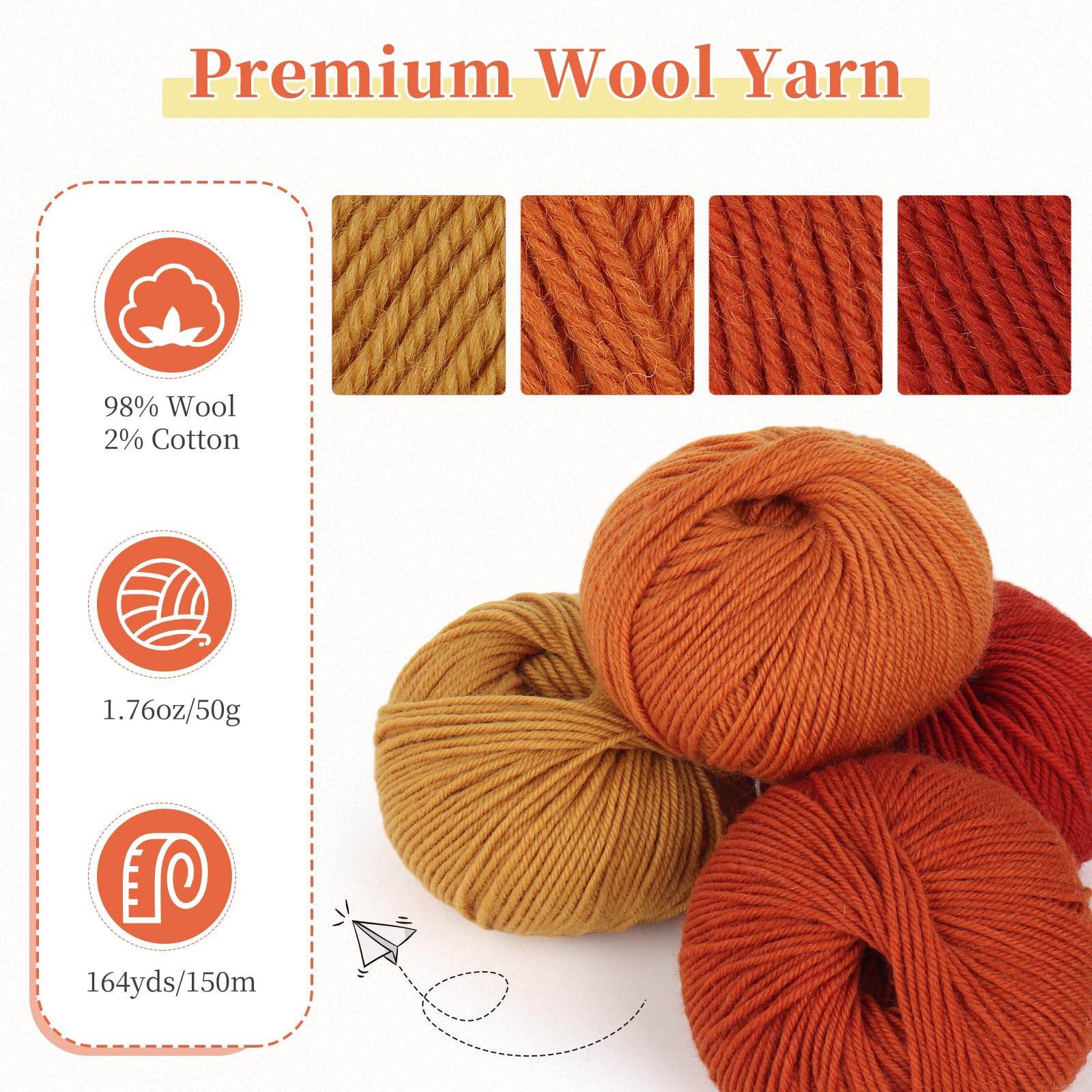 Coopay 600 g (12 x 50 g) di lana per lavorare a maglia e all'uncinetto, in 98% lana vergine e 2% cotone, super morbida, filato per uncinetto, per vestiti, sciarpe, coperte, foulard, arancione