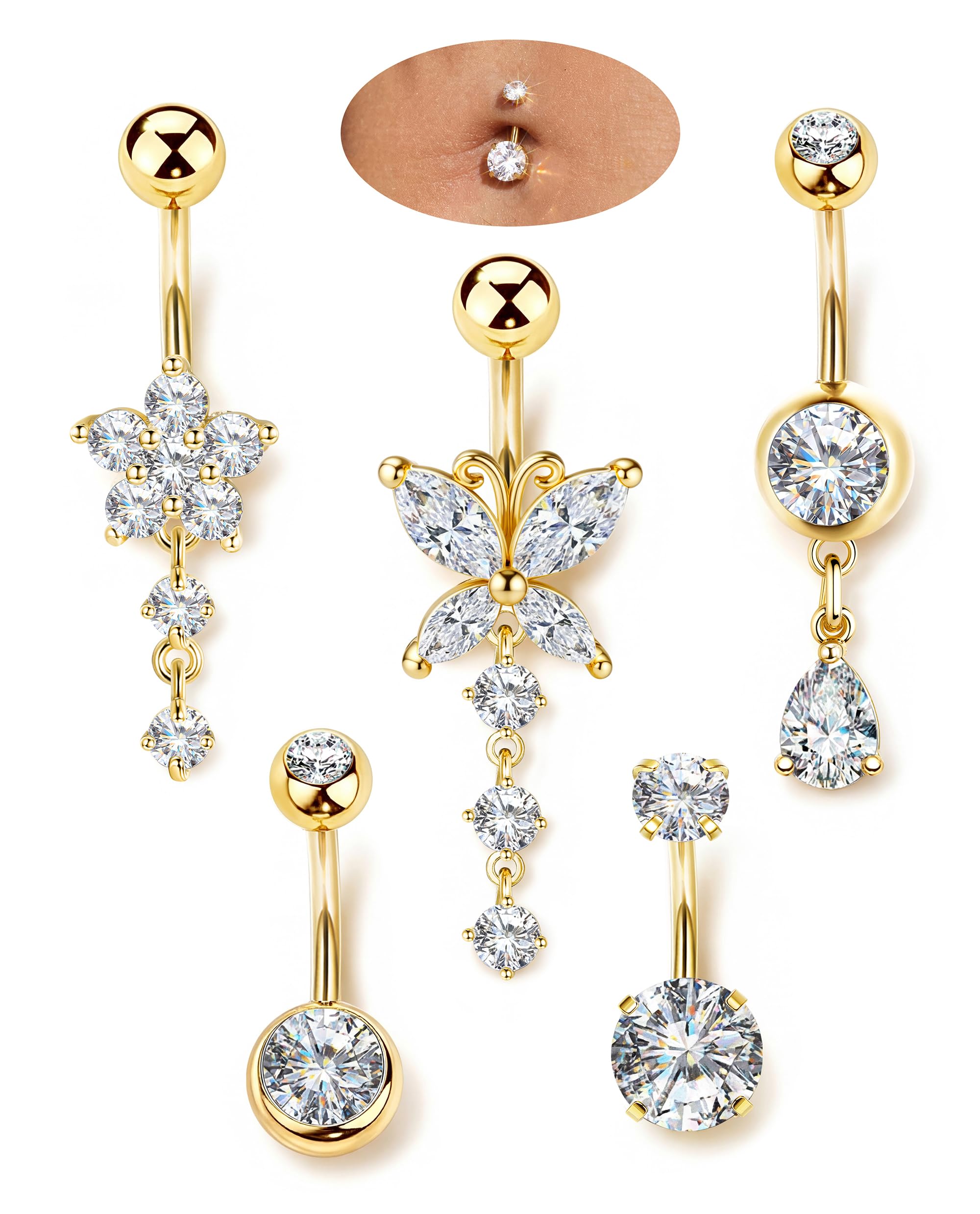 ORAZIO 5 Pares Dorado Piercing Ombligo Acero Quirurgico 10MM Plata Belly Piercing para Mujer Hipoalergénico Mariposa Circón Piercing Ombligo para Mujer