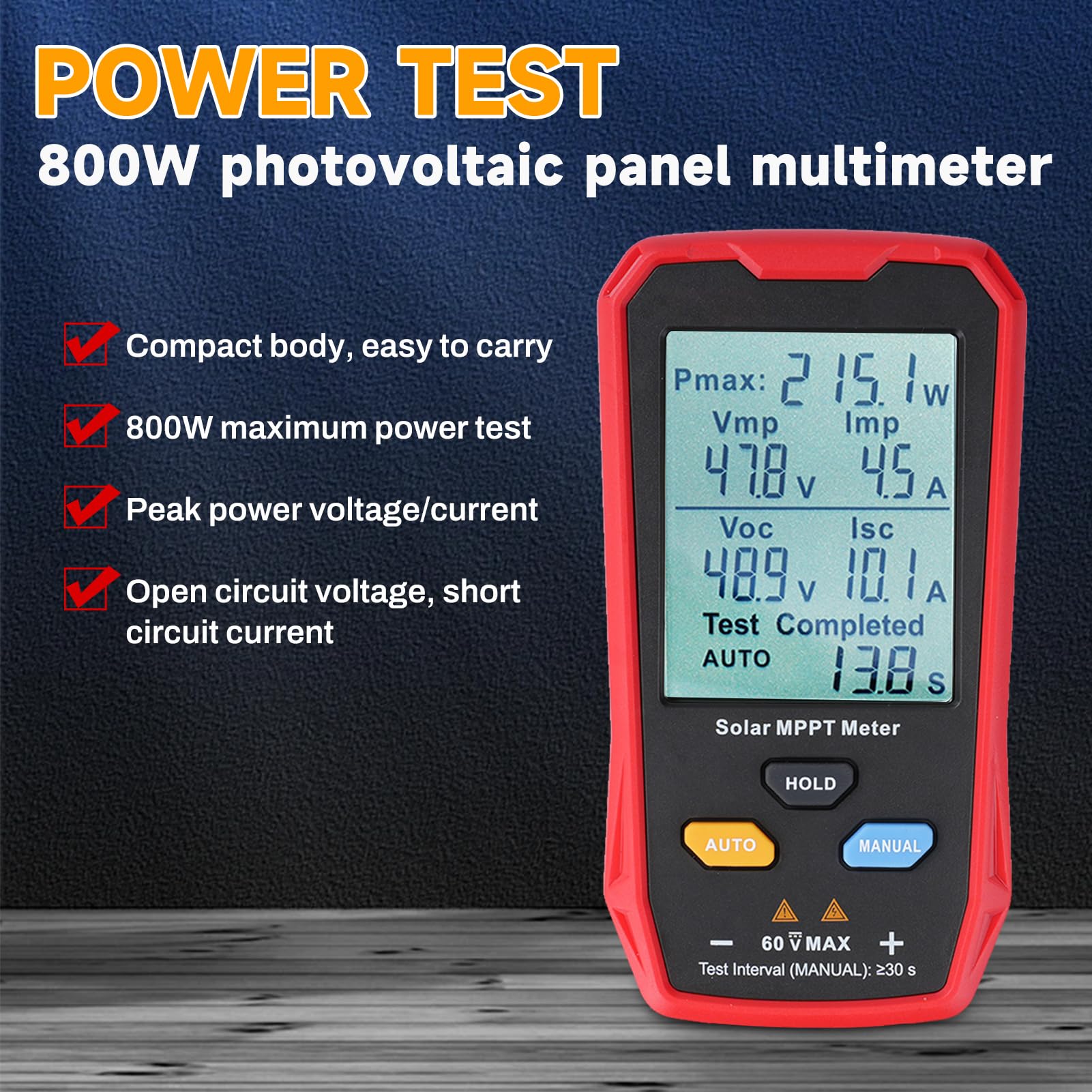 Buyweek Tester for pannelli solari Multimetro fotovoltaico da 800 W con display LCD, misuratore di potenza for pannelli solari MPPT