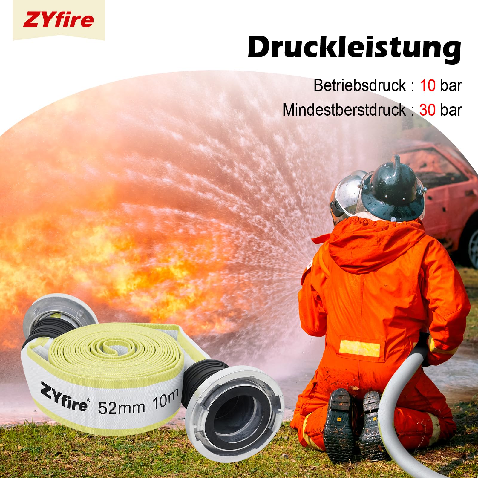 ZYfire Feuerwehrschlauch 52mm x 10m | 2 Zoll Feuerschlauch mit C-Storz Kupplung | flexibler Wasserschlauch für Feuerwehr Industrie und Garten | Flachschlauch mit 10 Bar Betriebsdruck | TPR-Innenfutter