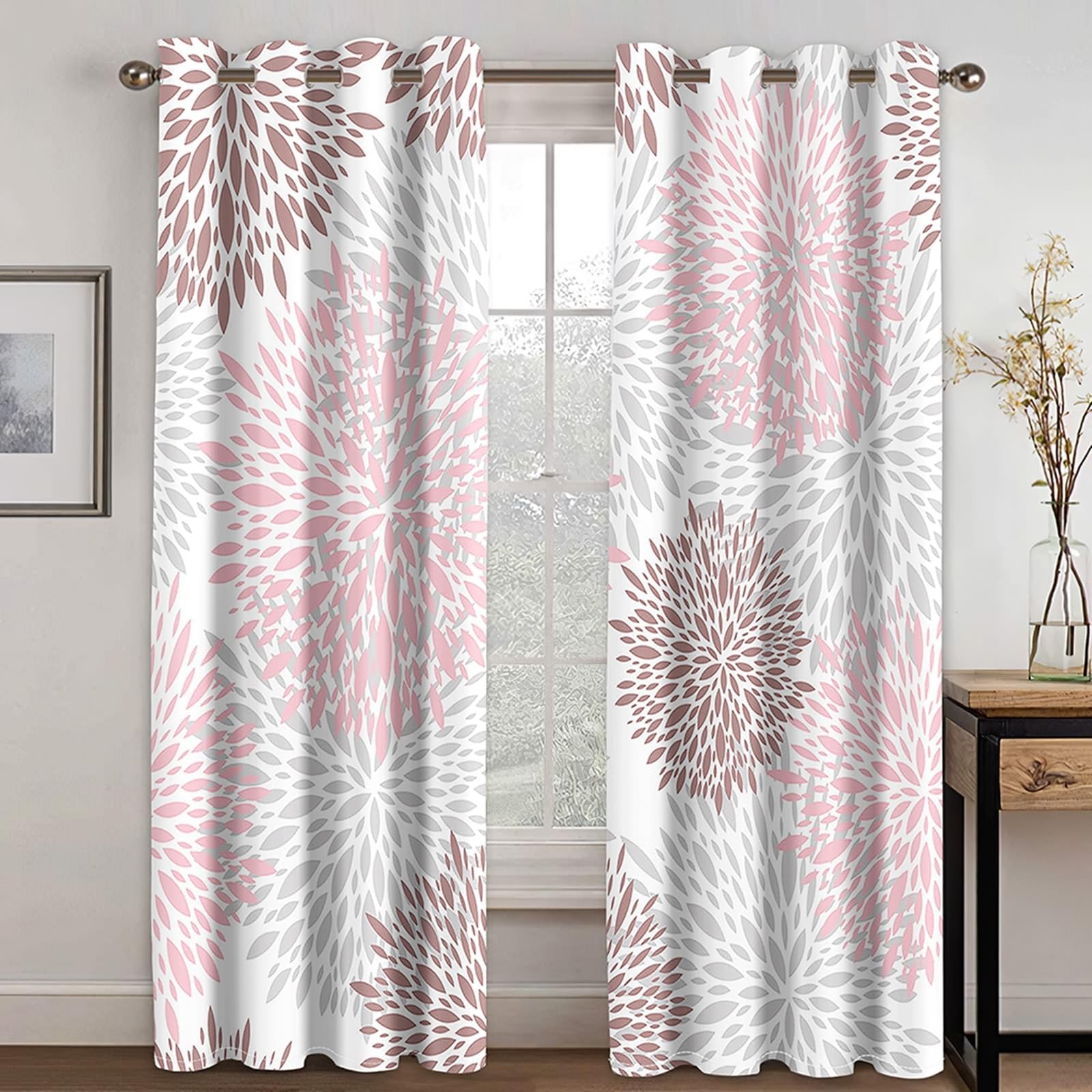 Lot de 2 Rideaux Occultant, Rideau Occultant Fenetre à Oeillets Motif de Simple Pétales de Fleurs Rideaux pour Decoration Chambre Salon Intérieurs, 132x274 CM(LxH), Gris Rose Marron