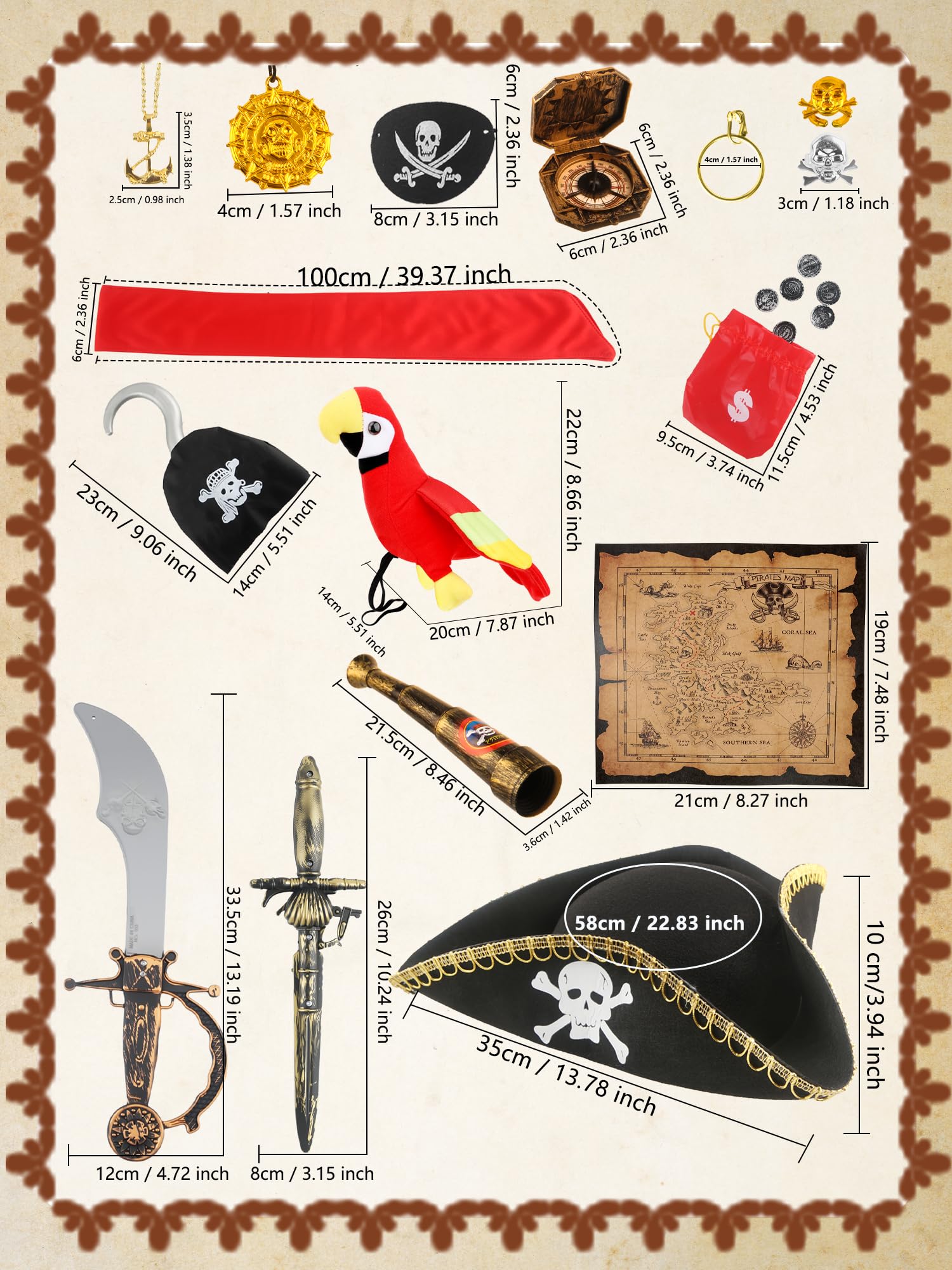 Flotory 16 Pcs Kids Pirate Hat Costume Kit Stuffed Parrot on Shoulder Eye Patches Tricorn Hat Accessories for Boys Halloween Cosplay (Color Style 2)