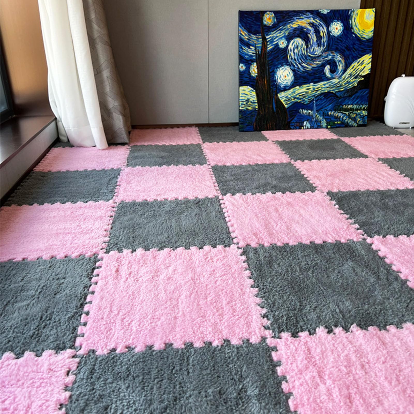 Dywan z puzzli – miękka, antypoślizgowa mata podłogowa z pianki, układanki, 60 szt., 12 cali, grubość 0,39 cala, różowo-szary, idealny do pokoju zabaw dla dzieci