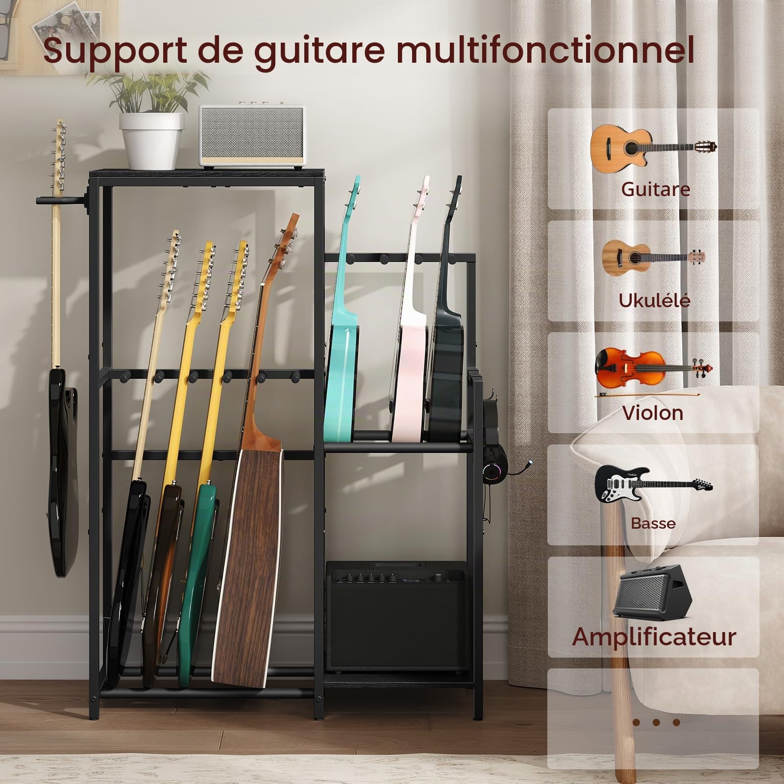 MAHANCRIS Support de guitare pour 9 guitares, acoustiques, électriques, basses, ukulélés, banjo, tourne-disques, support de présentation en mousse EVA pour studio de musique, noir AGSHB8501