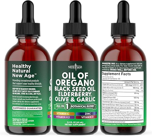 Miniatura 7 de NEW AGE Gotas de aceite de orégano - Aceite de semilla negra, saúco, vitamina D, D3, K2, oliva, ajo, suplemento de apoyo inmunológico, fórmula