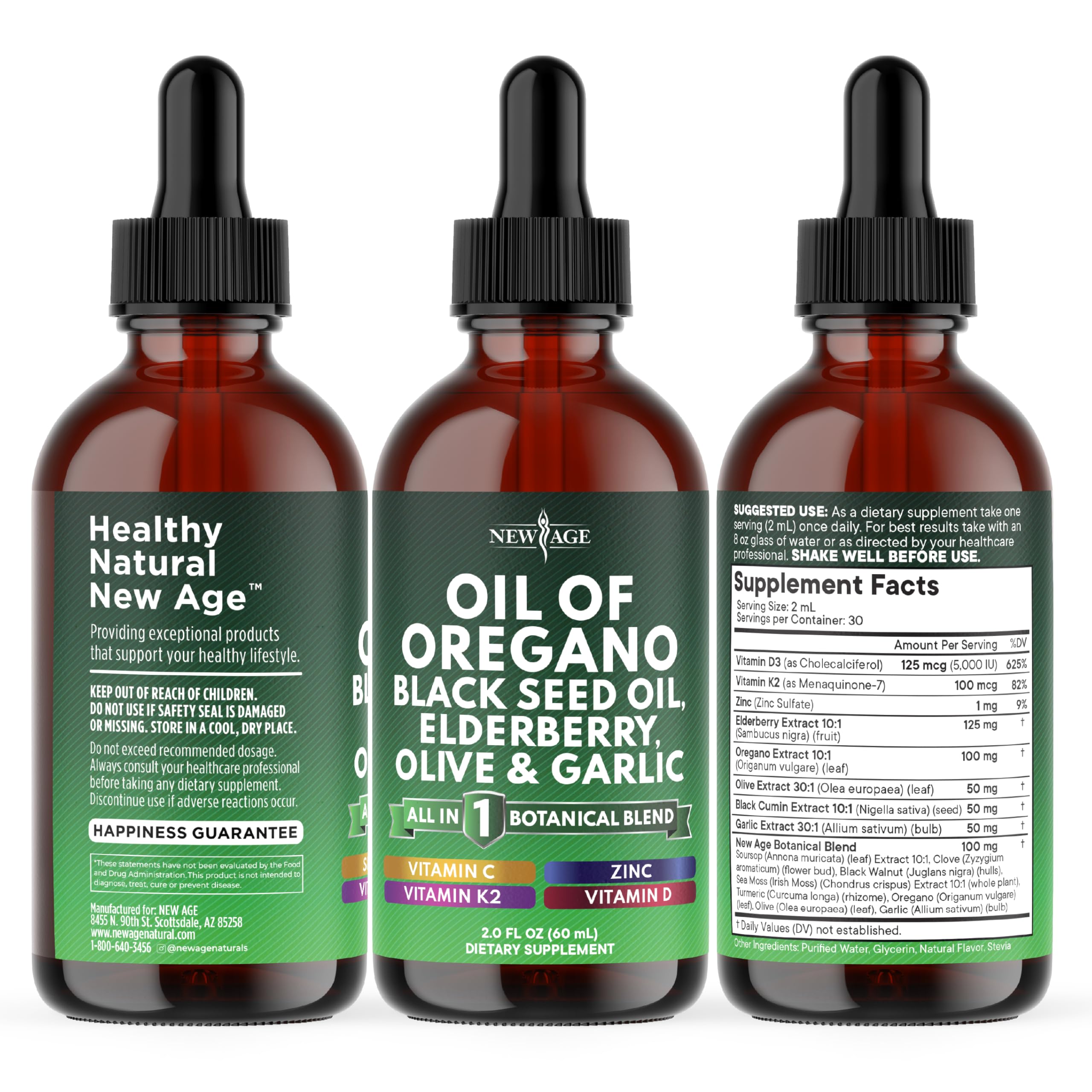 NEW AGE Oil of Oregano Drops - Black Seed Oil, Elderberry, Vitamin D, D3, K2, Olive, Garlic - Immune Support Supplement Wellness Formula, Zinc Supplements Liquid - 4Fl Oz — Amazon image 7