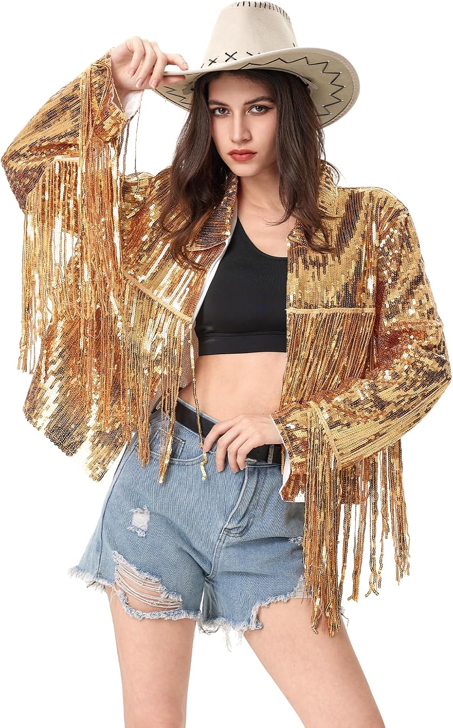 MISI CHAO Sequin Fringe Jacket Shiny Disco Cowgirl Outfit Theme Y2K 90s Streetwear Jacket Glitter Tassel Coat - Image 2