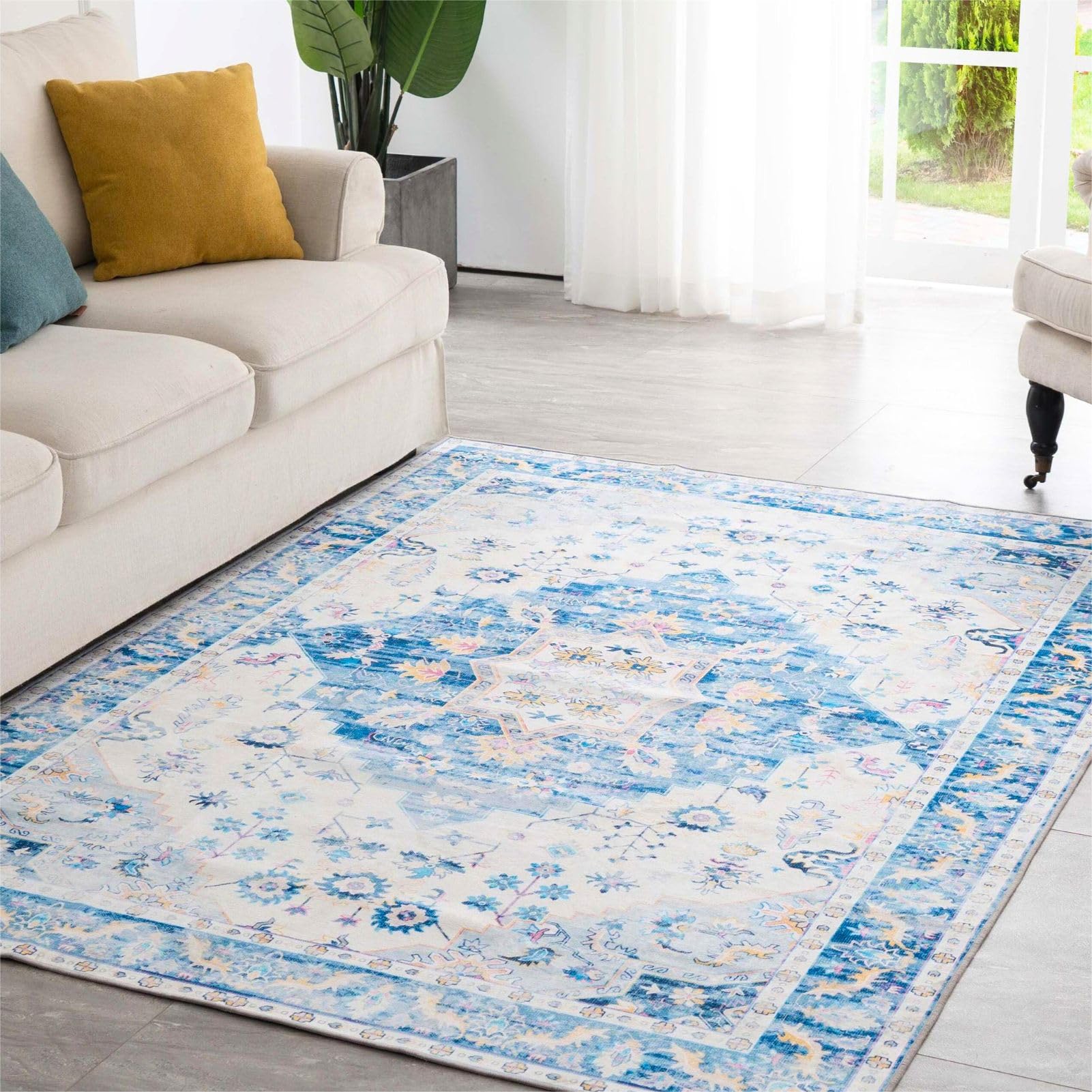Photo 1 of Syalife 5x7 Area Rugs - Washable, Low Pile, Non-Slip for Living Room, Bedroom, Dining Room and Home Office - Non-Shedding Carpet, Blue/Multi