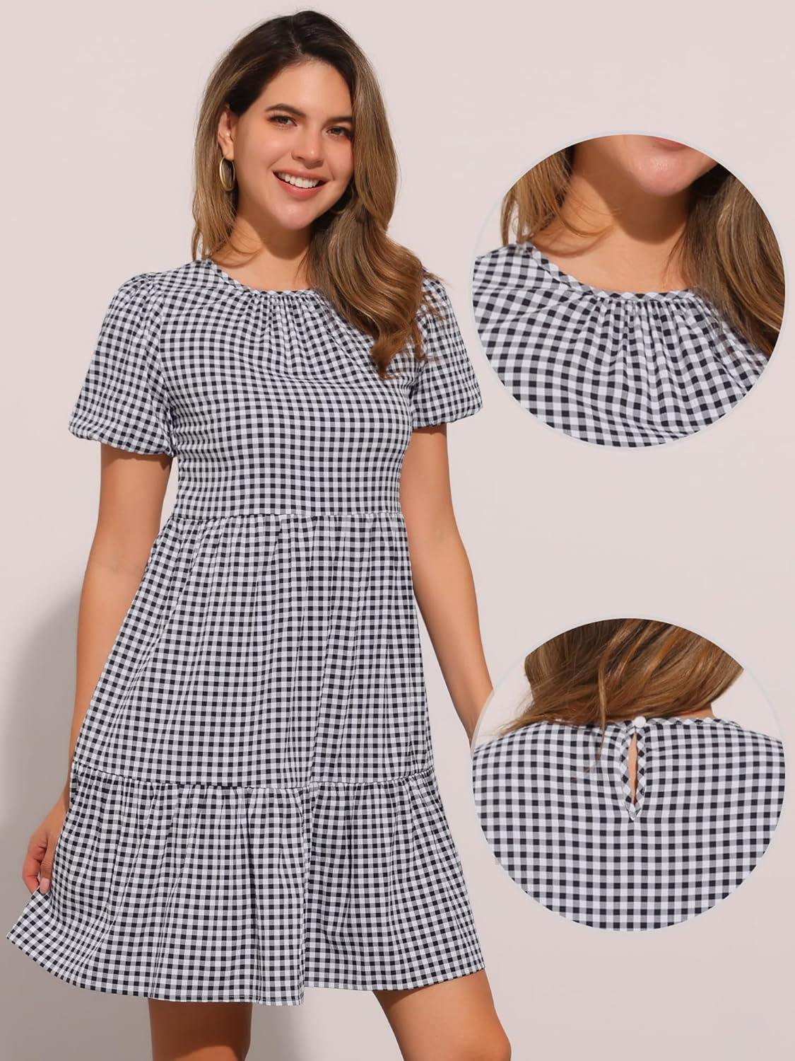 Allegra K Summer Dress for Women Gingham Short Sleeve Plaid Dresses Crewneck Loose Babydoll Casual Tiered Dresses - Image 2