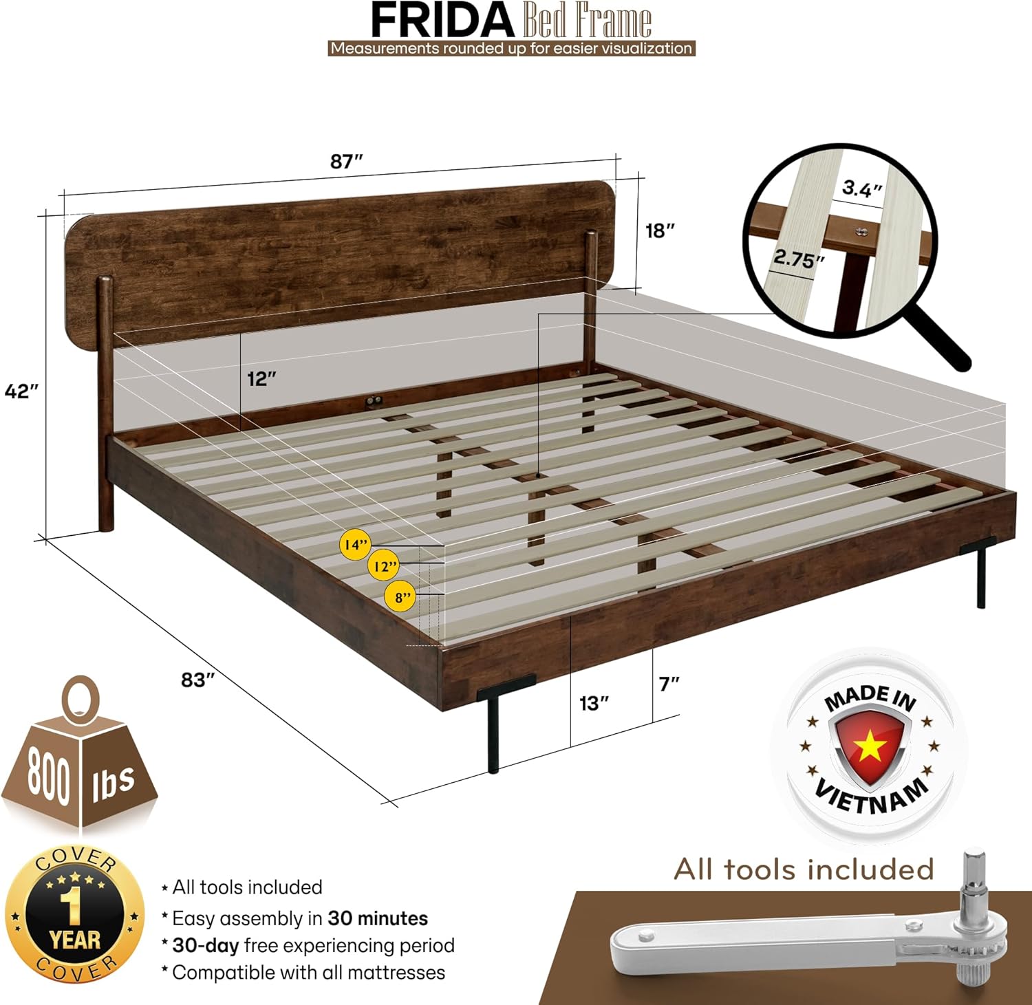 Acacia Frida King Size Bed Frame and Headboard, King Size Platform Bed Frame Scandinavian Wood Bed Compatible with All Mattress Types, Wood Slats Support 800lbs Capacity, Walnut