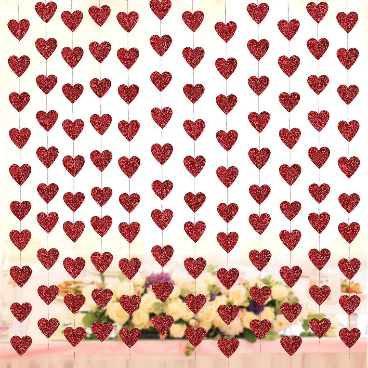 Valentines Decorations - 12 Pcs Valentines Day Red Hearts Hanging String Garland Decorations Engagement Wedding Party