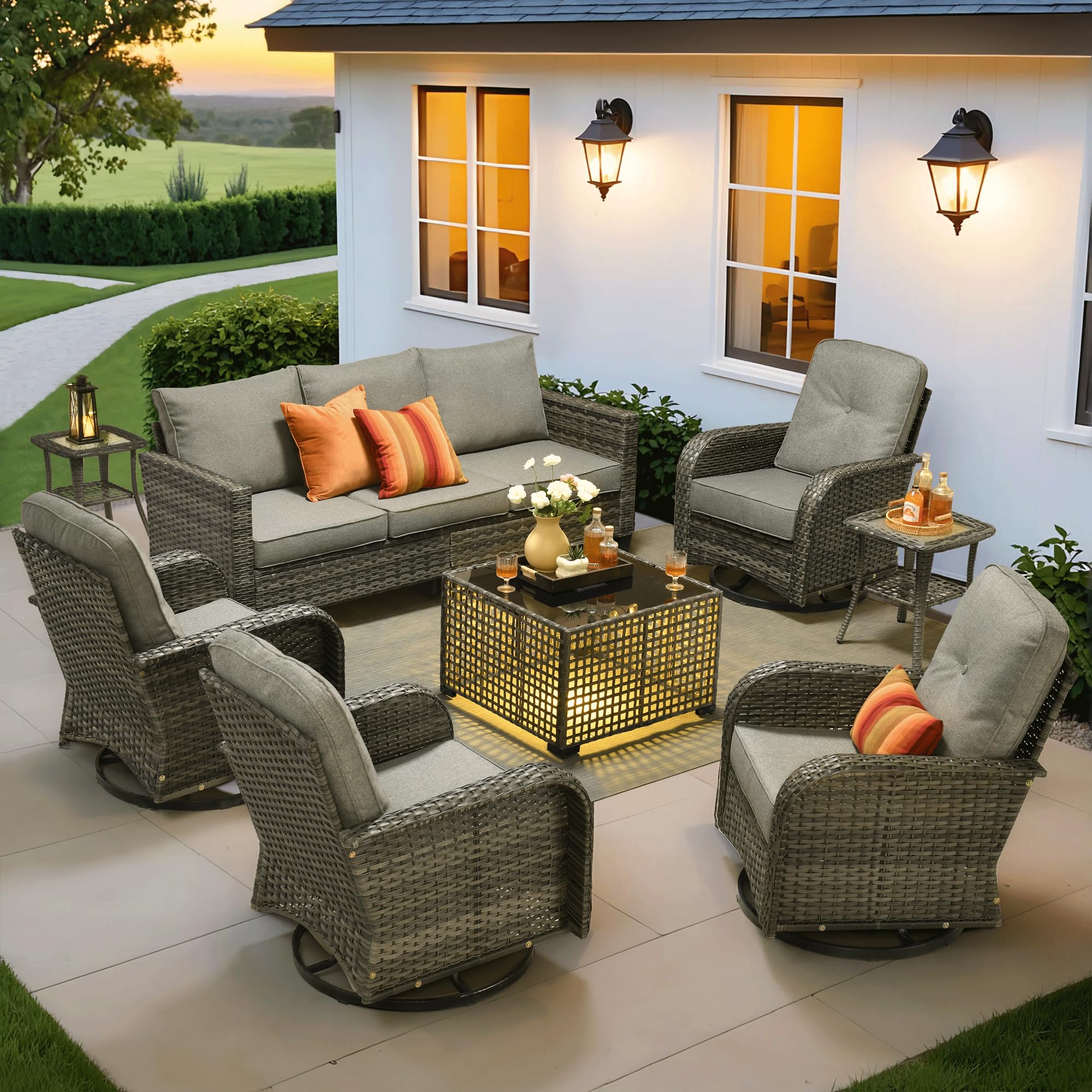 ovios 8 Pieces Patio Furniture Set, Outdoor Wicker Sofa Couch with Rocking Swivel Chairs Solar Lights Table, Modern Deep Seat Rattan Conversation Sets