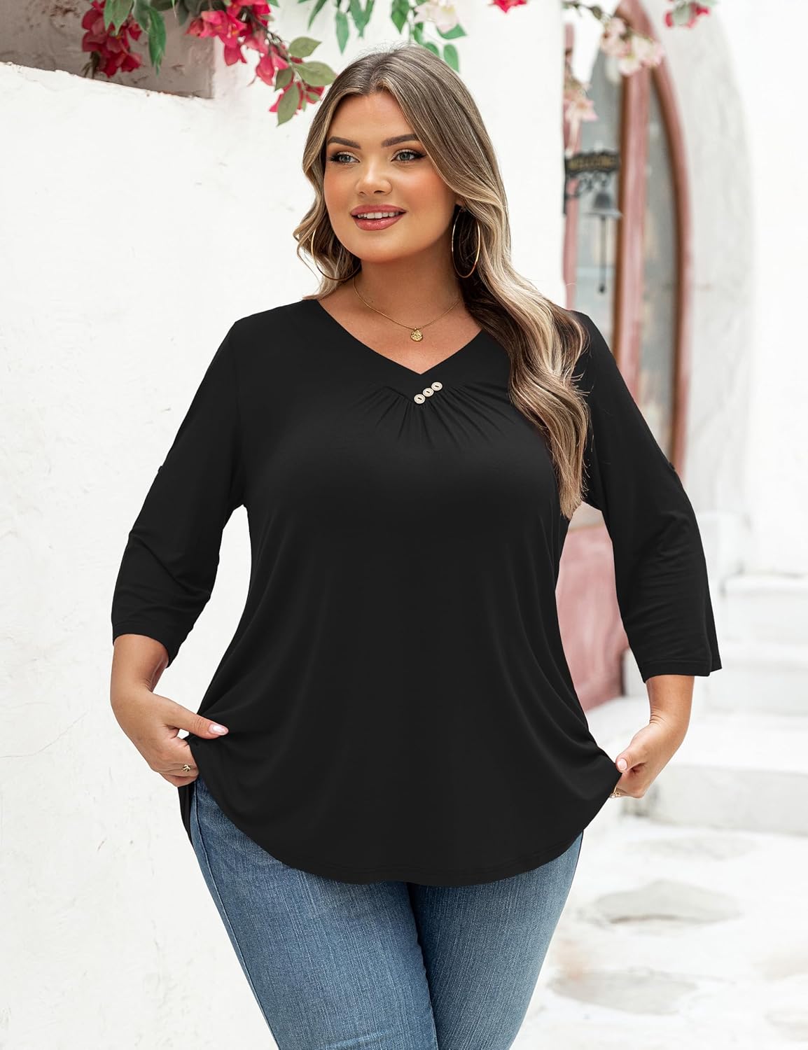FOLUNSI Womens Plus Size 3/4 Roll Sleeve Blouses V Neck Casual Tunic Tops - Image 3
